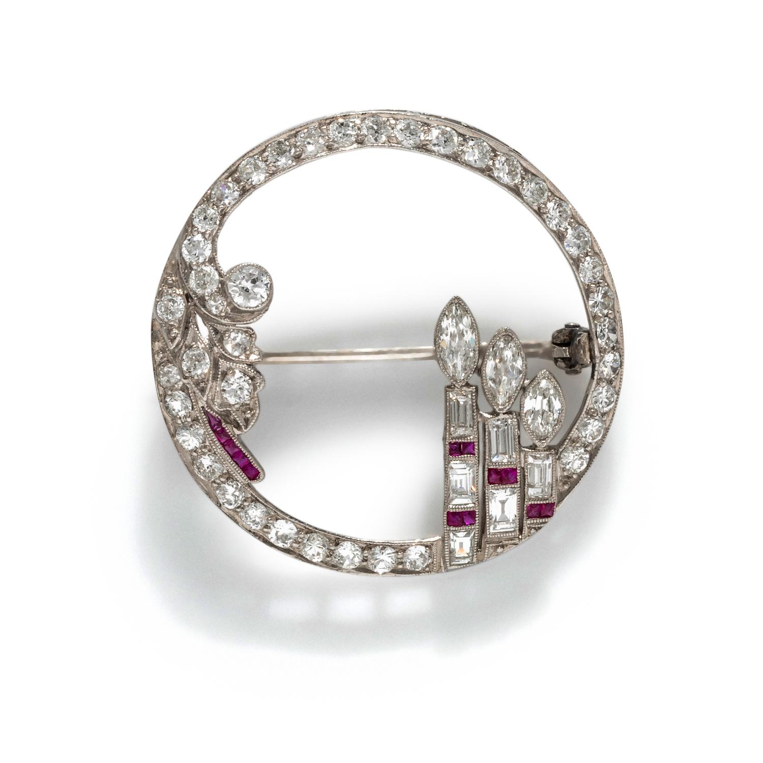 ART DECO, PLATINUM, DIAMOND, AND RUBY BROOCH