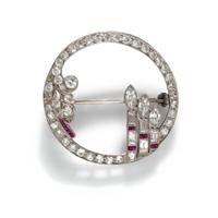 ART DECO, PLATINUM, DIAMOND, AND RUBY BROOCH
