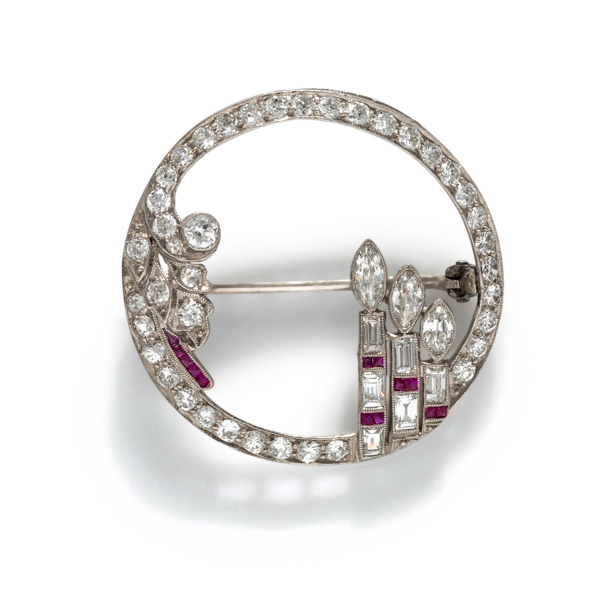 ART DECO, PLATINUM, DIAMOND, AND RUBY BROOCH