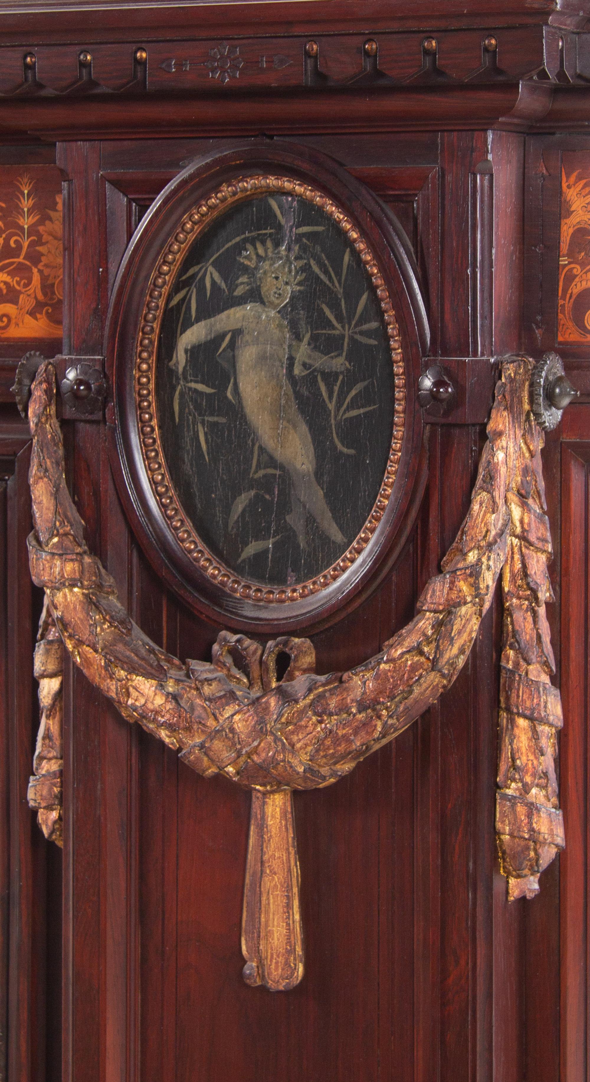 A Herter Brothers Parcel Ebonized and Rosewood Inlaid Walnut Chimneypiece