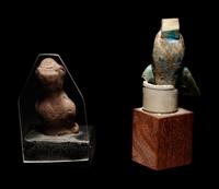A Graeco-Egyptian Terracotta Head of Harpocrates and an Egyptian Faience Isis