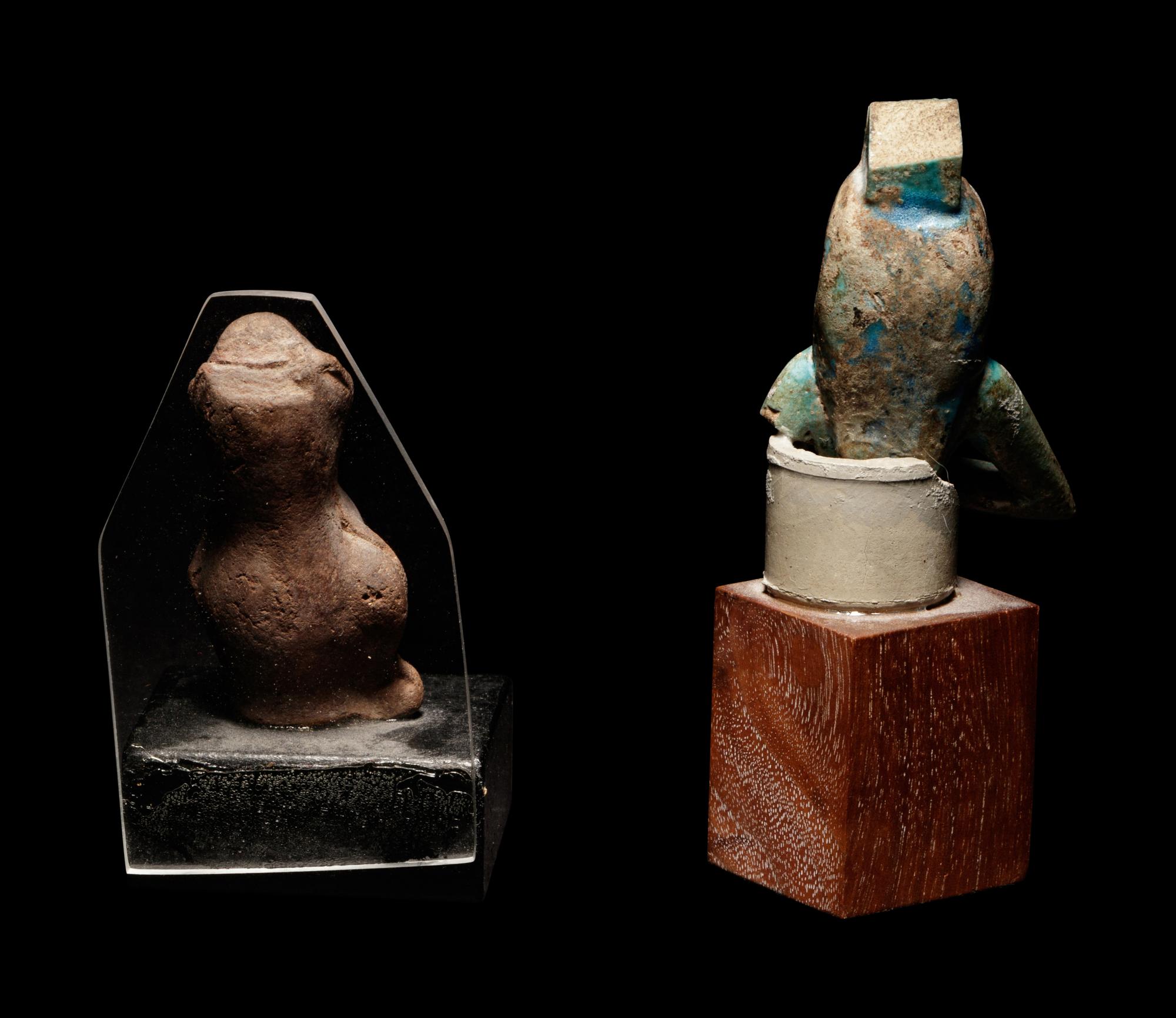 A Graeco-Egyptian Terracotta Head of Harpocrates and an Egyptian Faience Isis