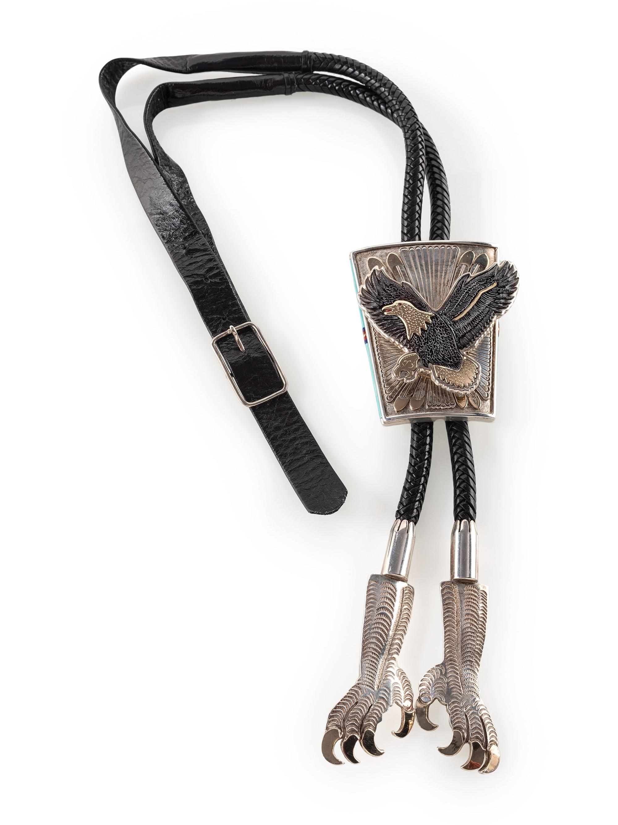 Sterling Silver Eagle Bolo Tie, with Mosaic Inlay and 14K Gold Accents