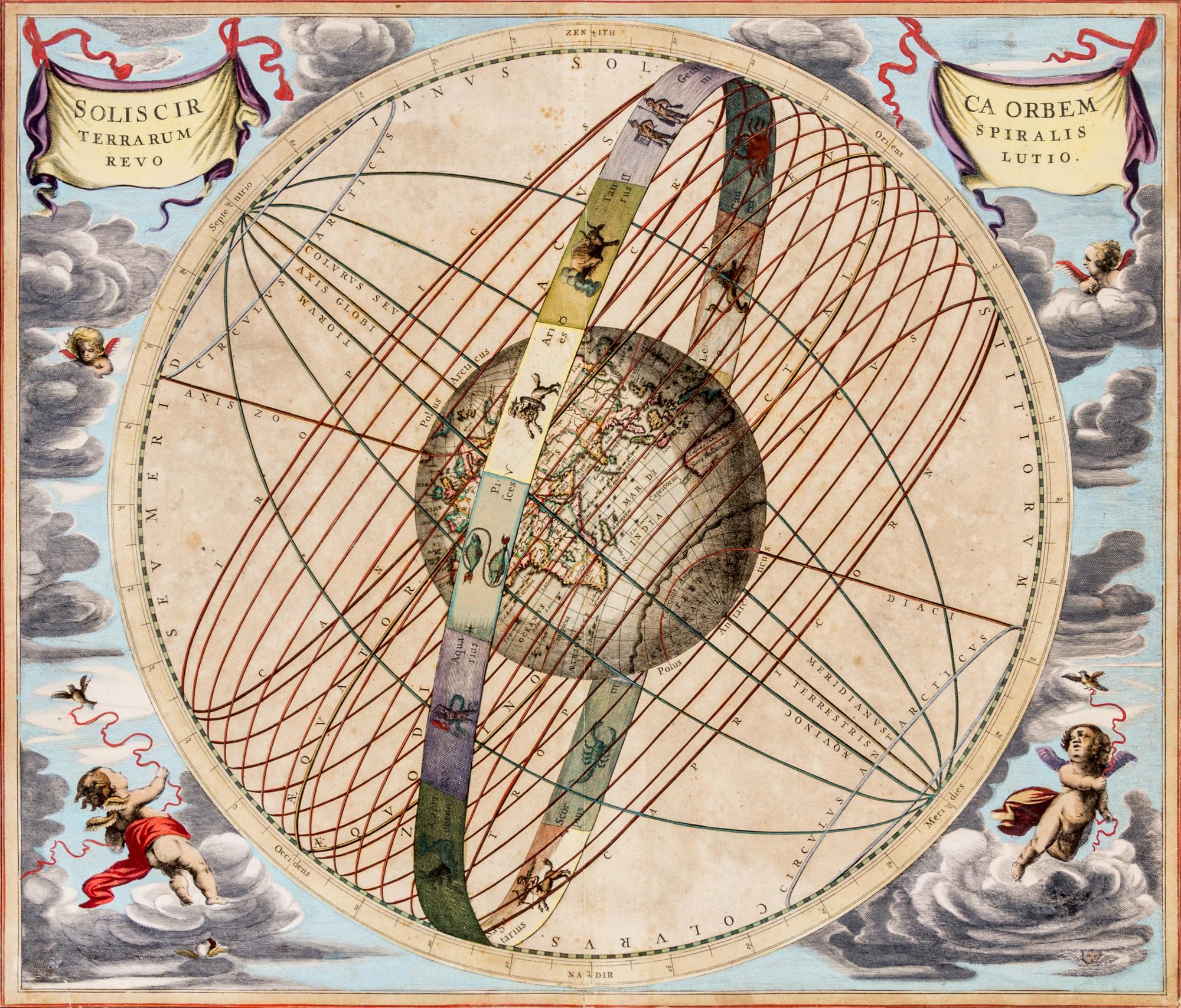 (ASTRONOMICAL CHART) CELLARIUS, ANDREAS. Planispharium Copernicanum [and] Soliscirca orbem terrarum. Amst, 1661.