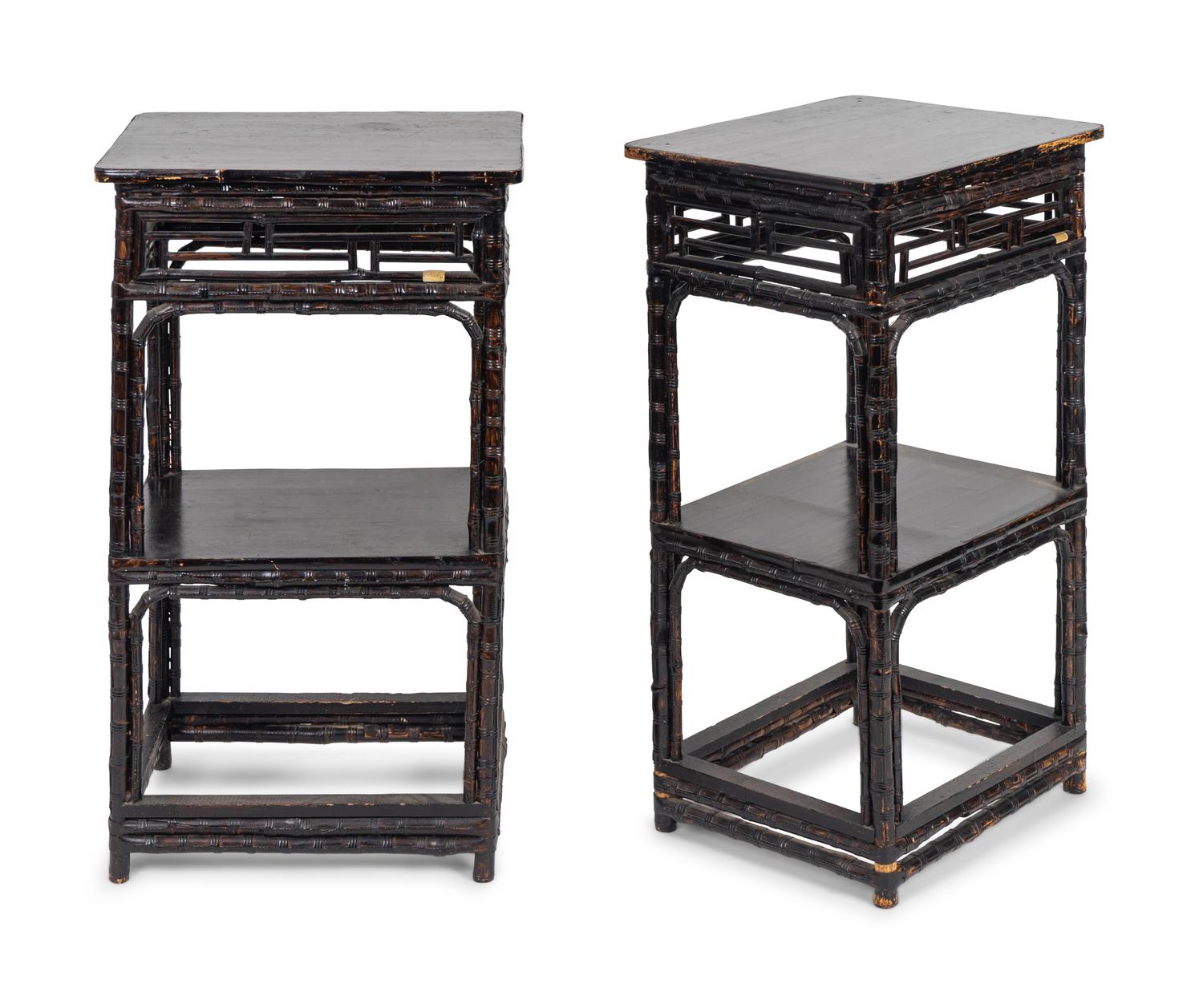 A Pair of Asian Faux-Bamboo Carved Nightstands — 19TH CENTURY