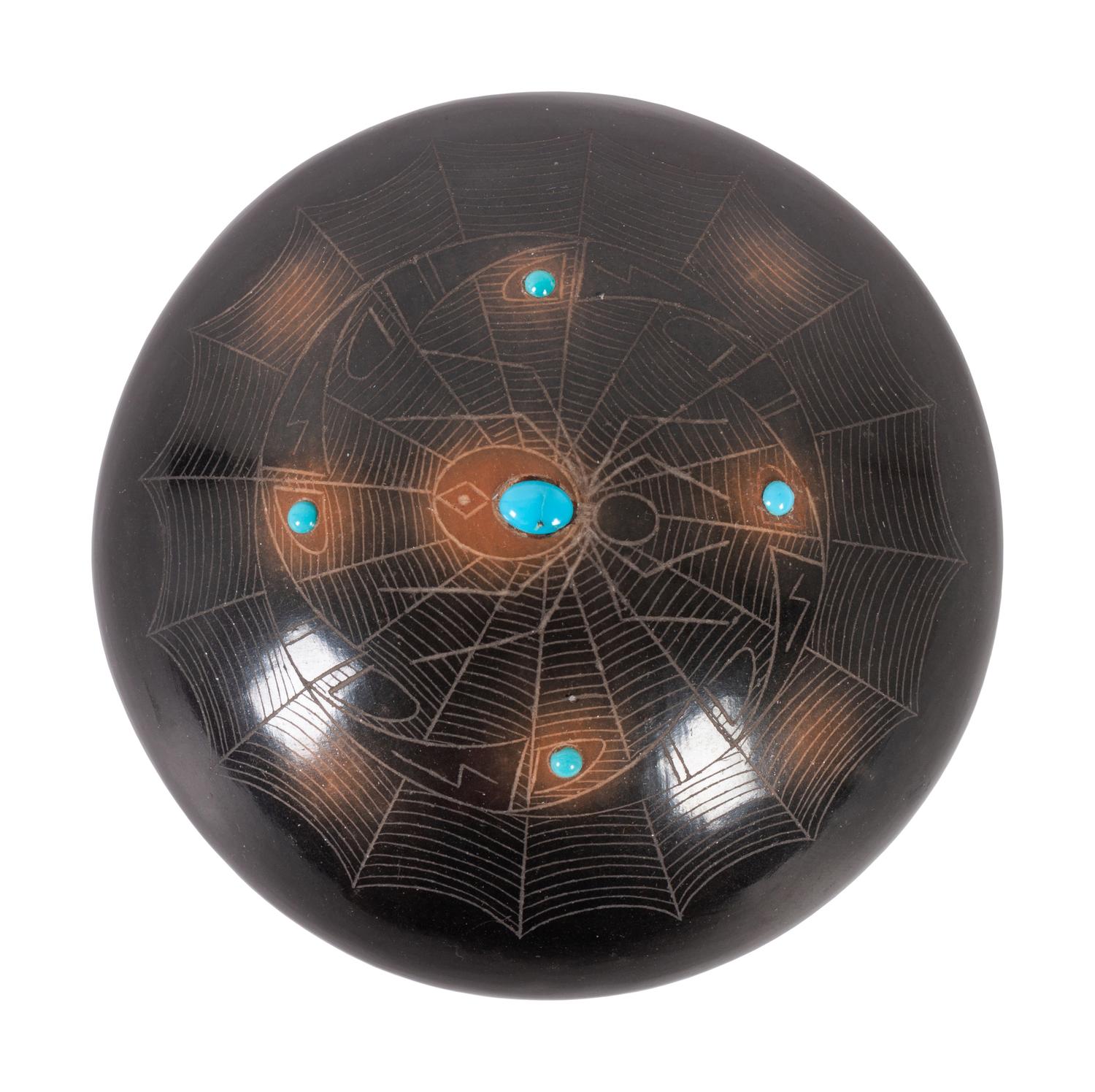 Black and Sienna Seed Jar, with Sgraffito Spiders and Turquoise Beads