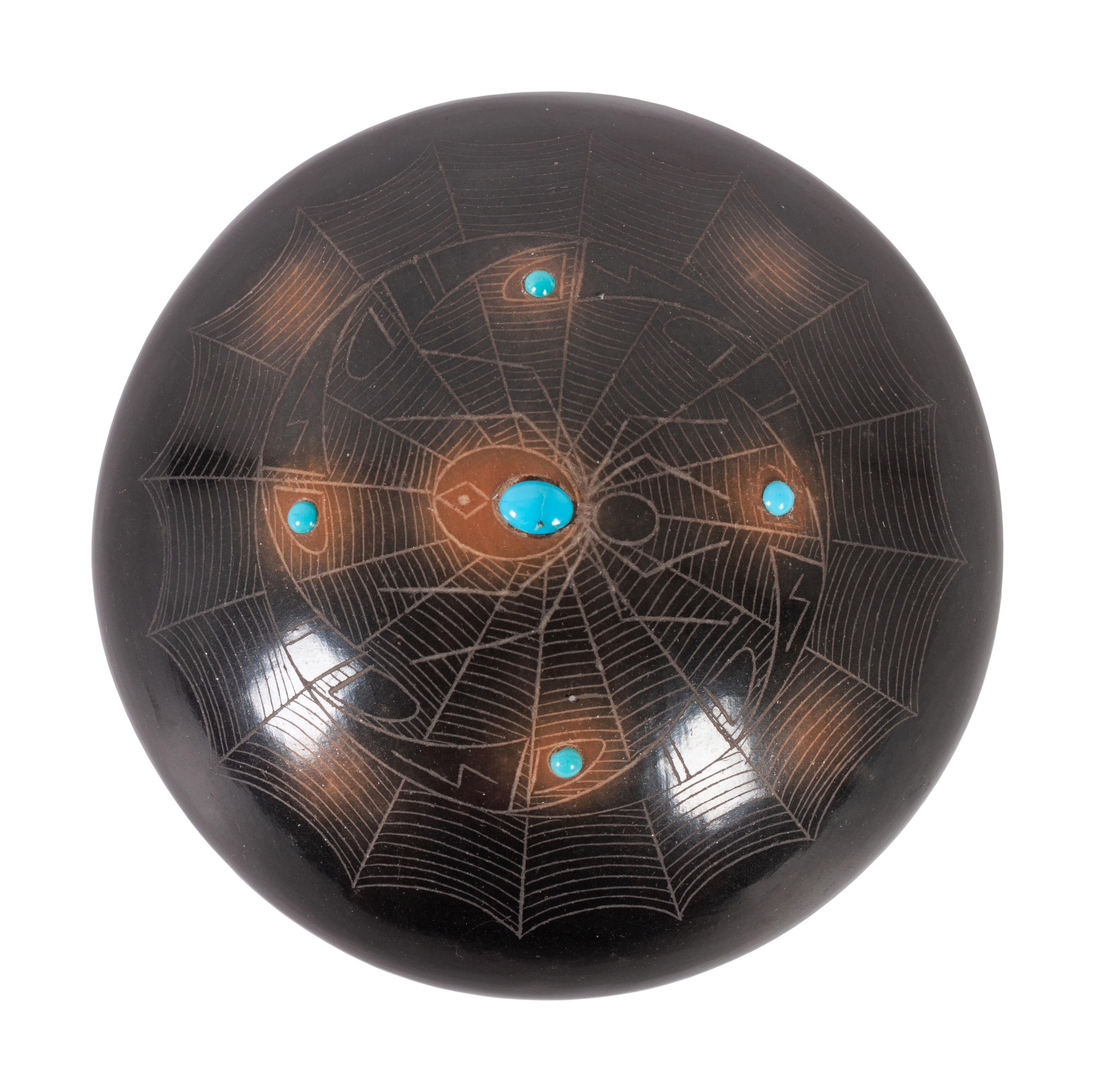 Black and Sienna Seed Jar, with Sgraffito Spiders and Turquoise Beads