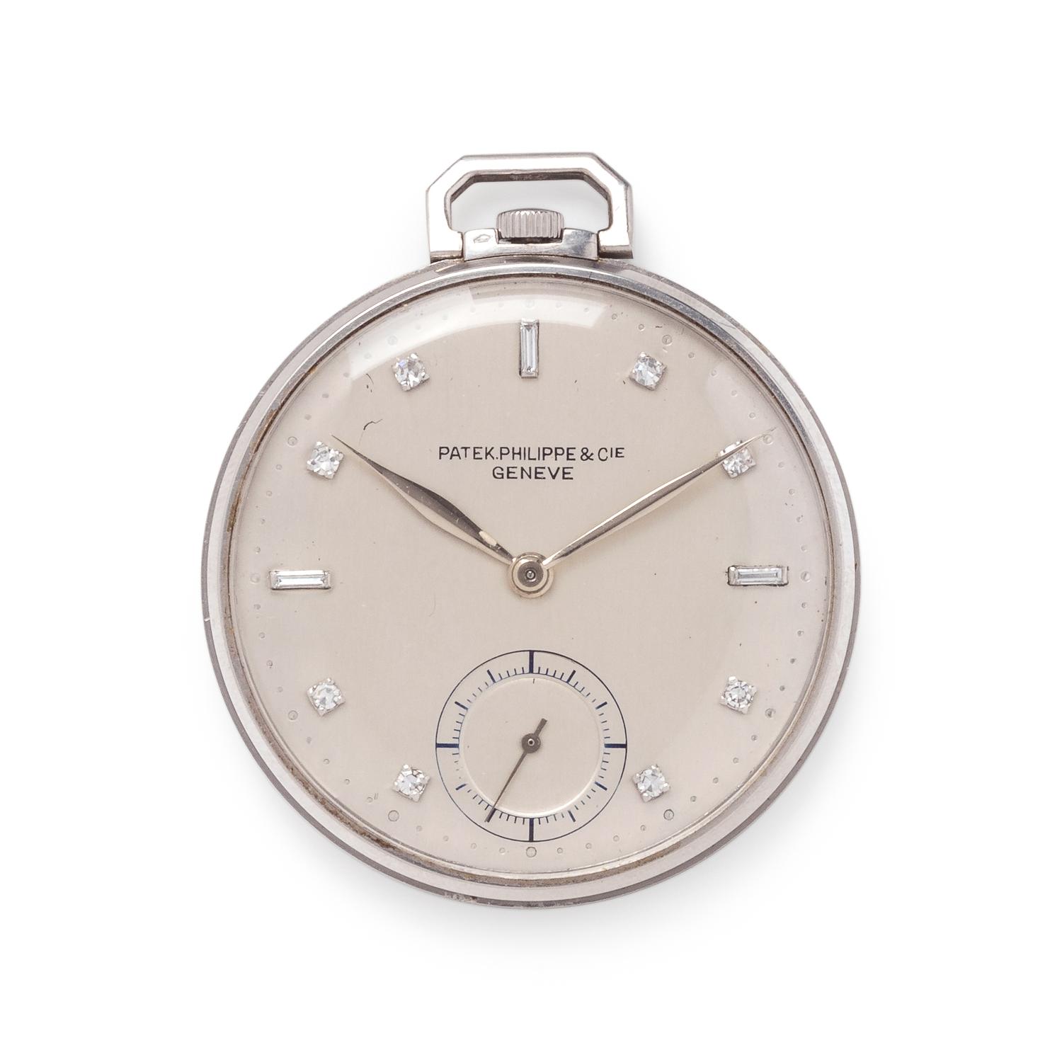PATEK PHILIPPE, ART DECO, PLATINUM AND DIAMOND OPEN FACE POCKET WATCH