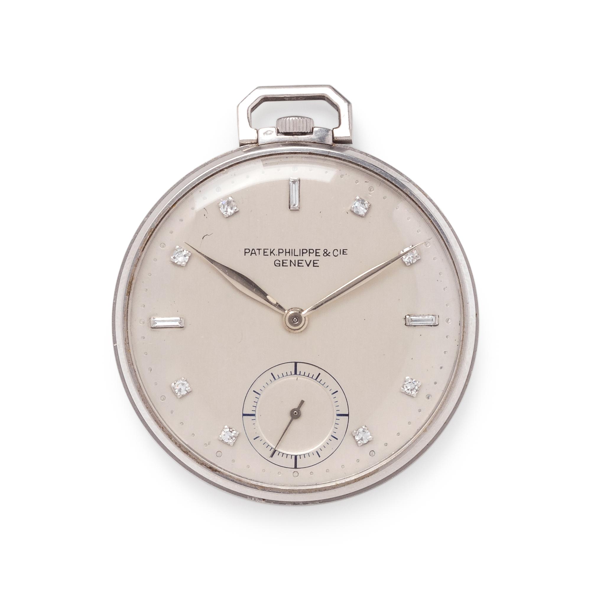 PATEK PHILIPPE, ART DECO, PLATINUM AND DIAMOND OPEN FACE POCKET WATCH