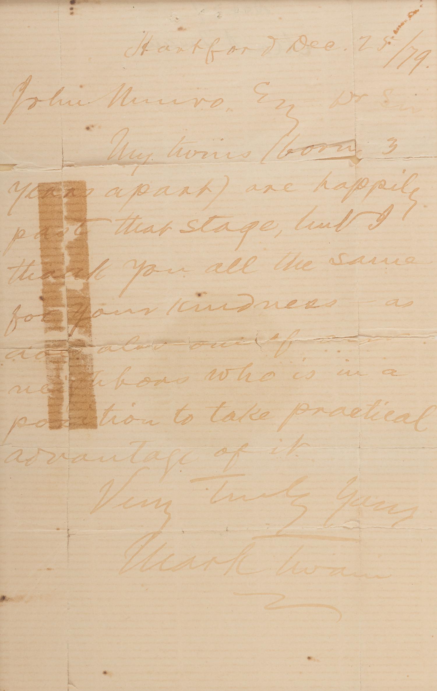 CLEMENS, Samuel ("Mark Twain") (1835-1910). Autograph note signed ("Mark Twain") to John Munro. Hartford, 25 December 1879.