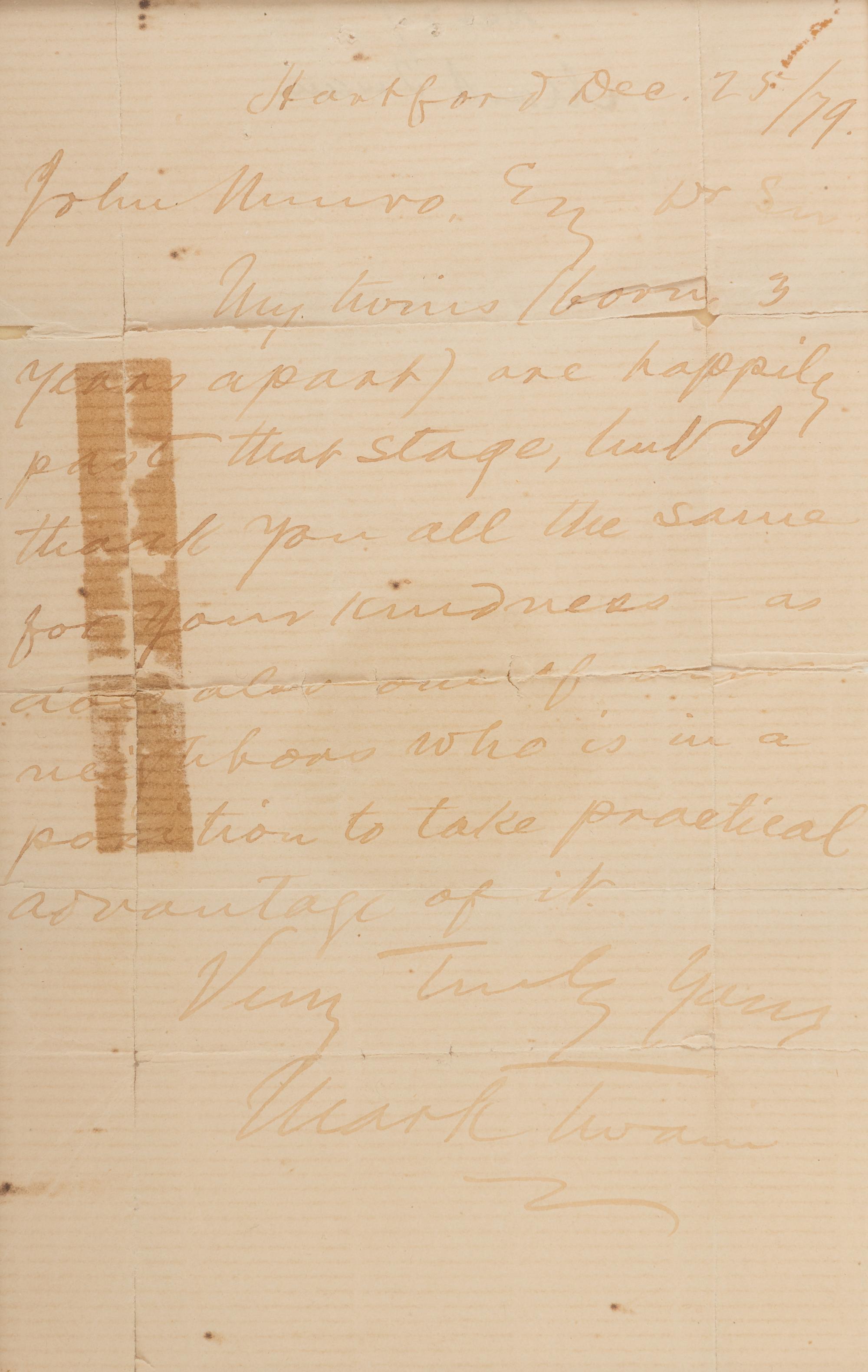 CLEMENS, Samuel ("Mark Twain") (1835-1910). Autograph note signed ("Mark Twain") to John Munro. Hartford, 25 December 1879.