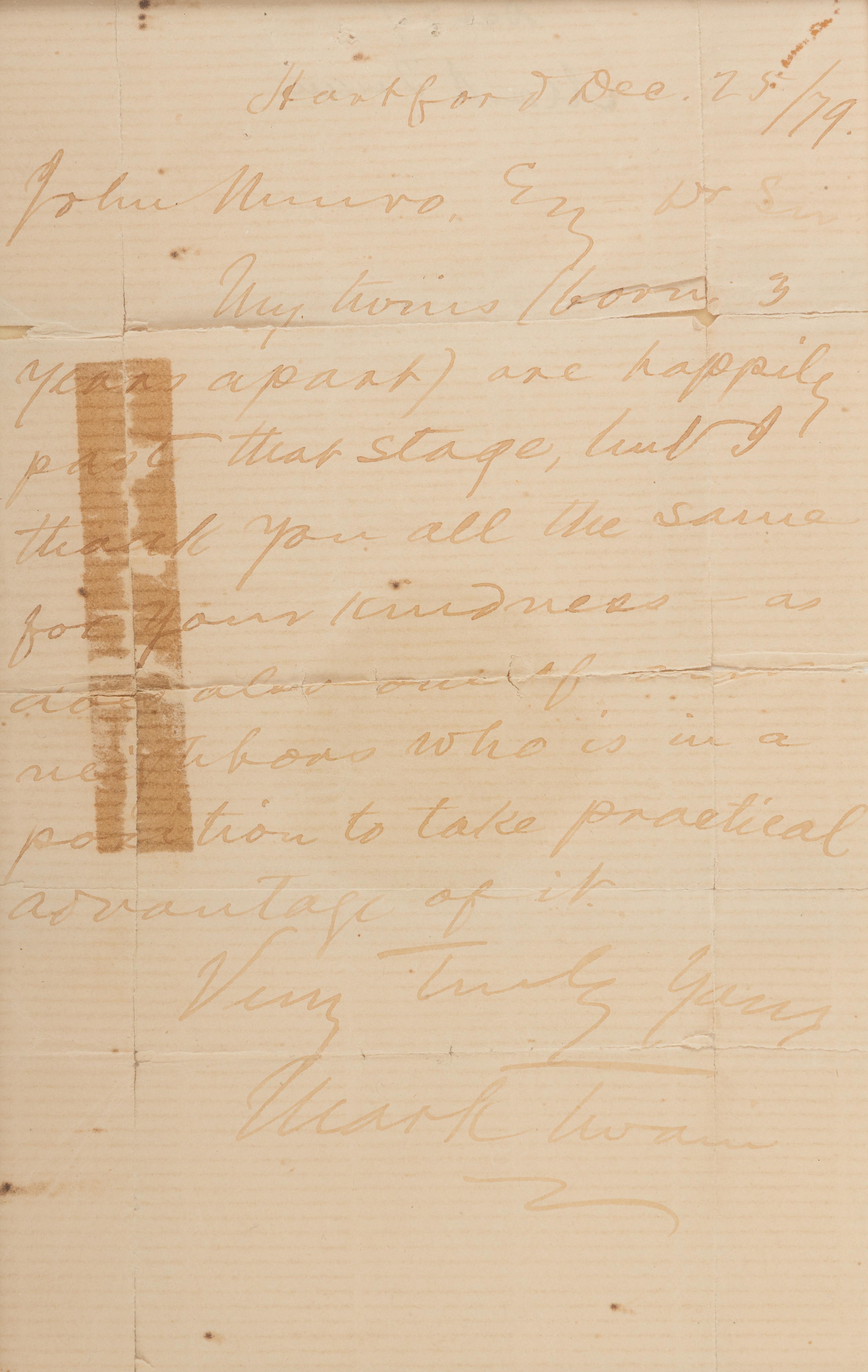 CLEMENS, Samuel ("Mark Twain") (1835-1910). Autograph note signed ("Mark Twain") to John Munro. Hartford, 25 December 1879.