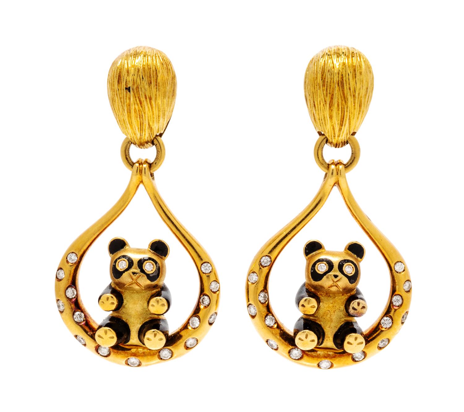 A Pair of 18 Karat Yellow Gold, Diamond and Enamel Panda Motif Earclips, Italian, 24.70 dwts.