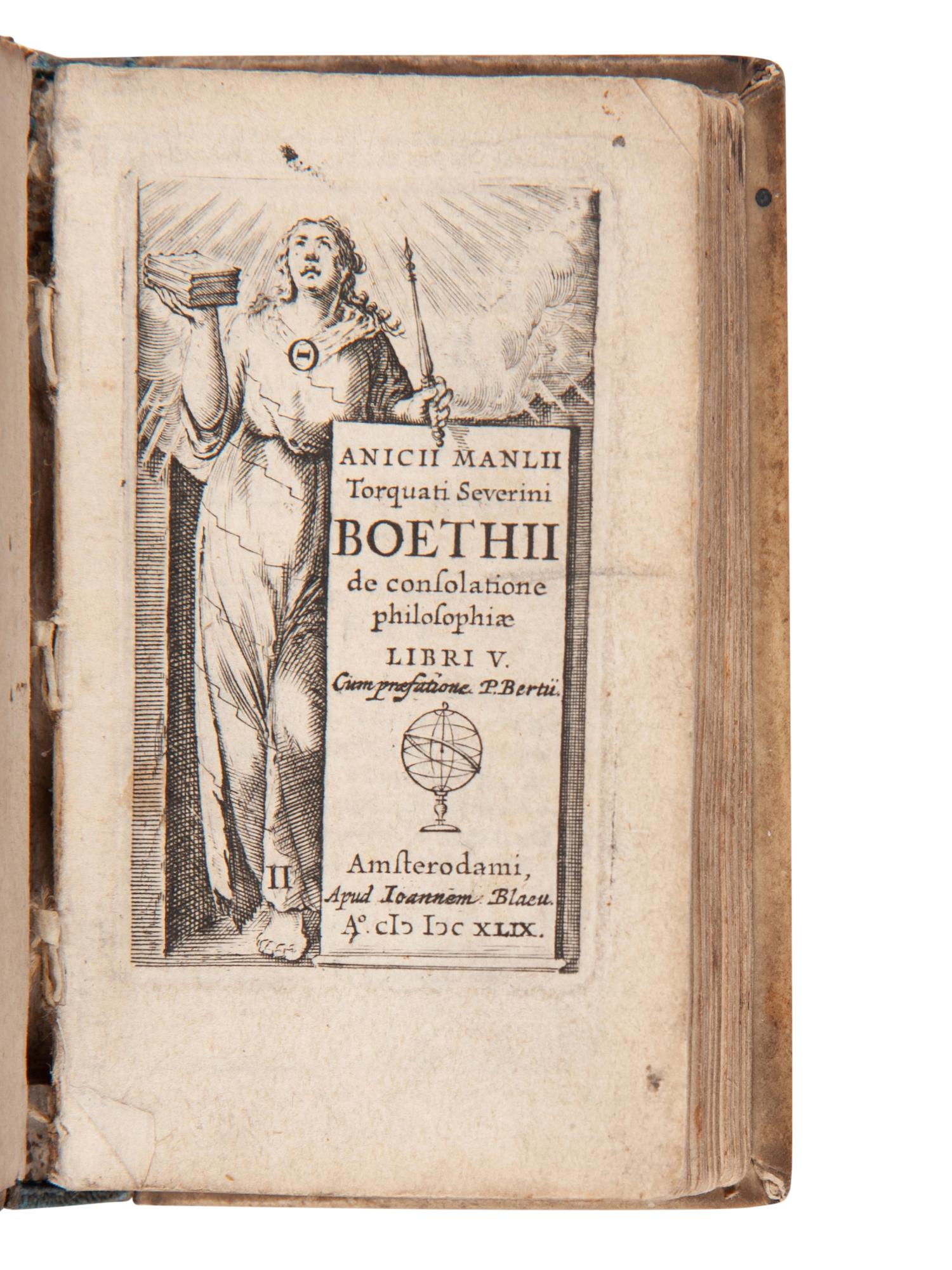 [MINIATURE BOOKS]. BOETHIUS, Anicius Manlius Severinus. De consolatione philosophiae libri V. Cum praefatione P. Bertii . Amsterdam: Johan Blaeu, 1649.