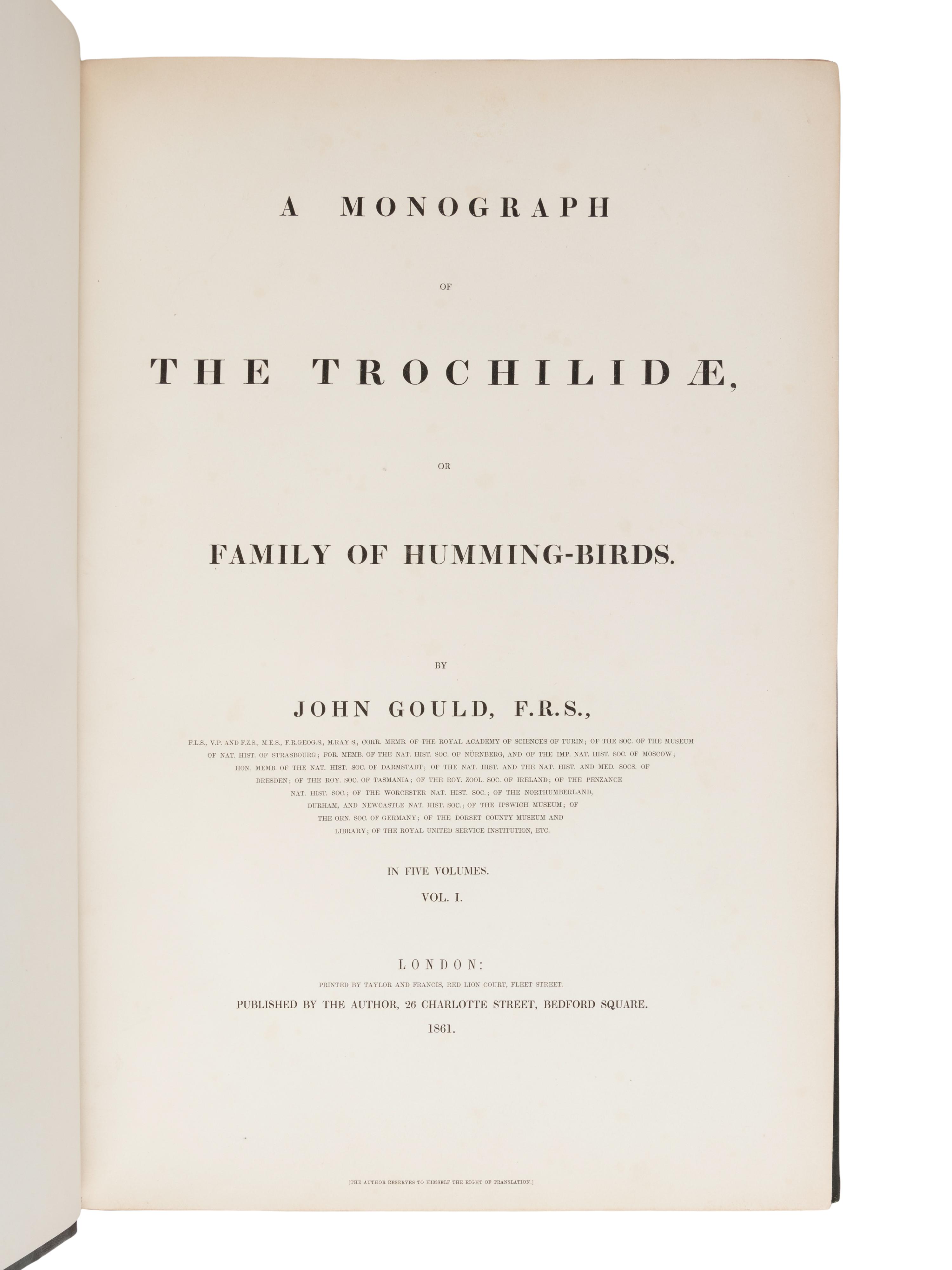 [NATURAL HISTORY]. GOULD, John (1804-1881). A Monograph of the Trochilidae, or Family of Humming-Birds . London: Taylor and Francis for the Author, [1849-] 1861.
