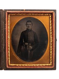 [CIVIL WAR]. Sixth plate tintype of a Union Cavalry private with sword and Bowie knife.