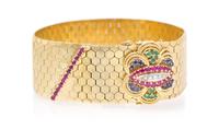 A Vintage 18 Karat Yellow Gold Diamond, Ruby, Emerald and Sapphire Bracelet, 50.80 dwts.