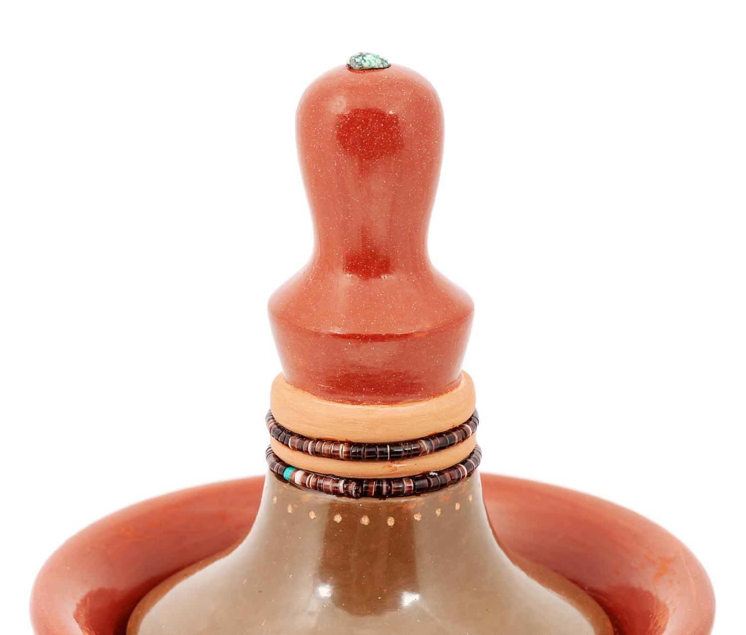 Carved Redware Lidded Jar, with Turquoise and Heishi Beads