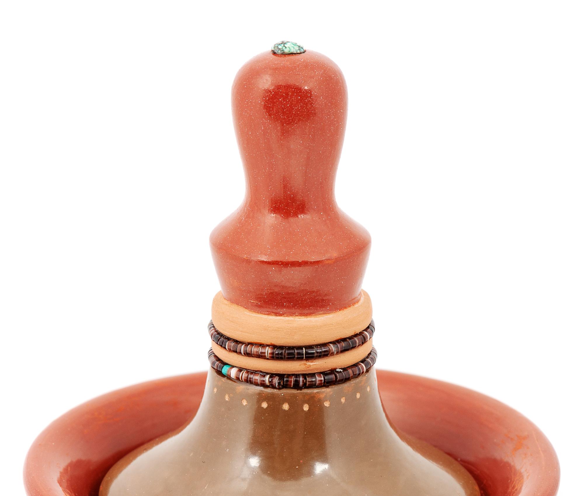 Carved Redware Lidded Jar, with Turquoise and Heishi Beads