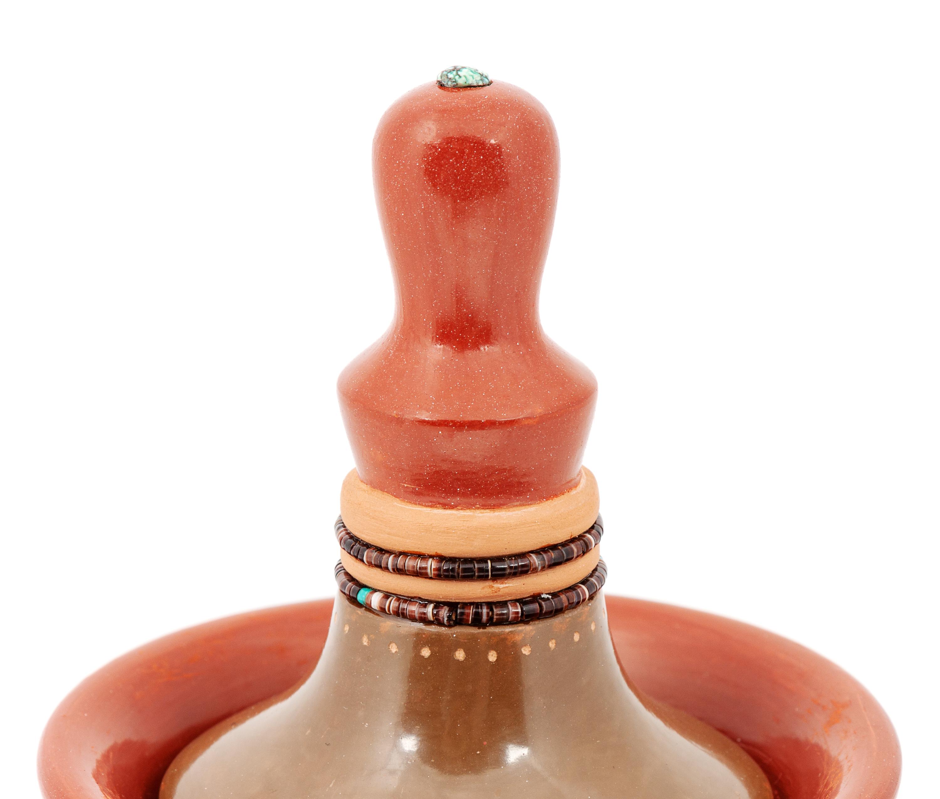 Carved Redware Lidded Jar, with Turquoise and Heishi Beads
