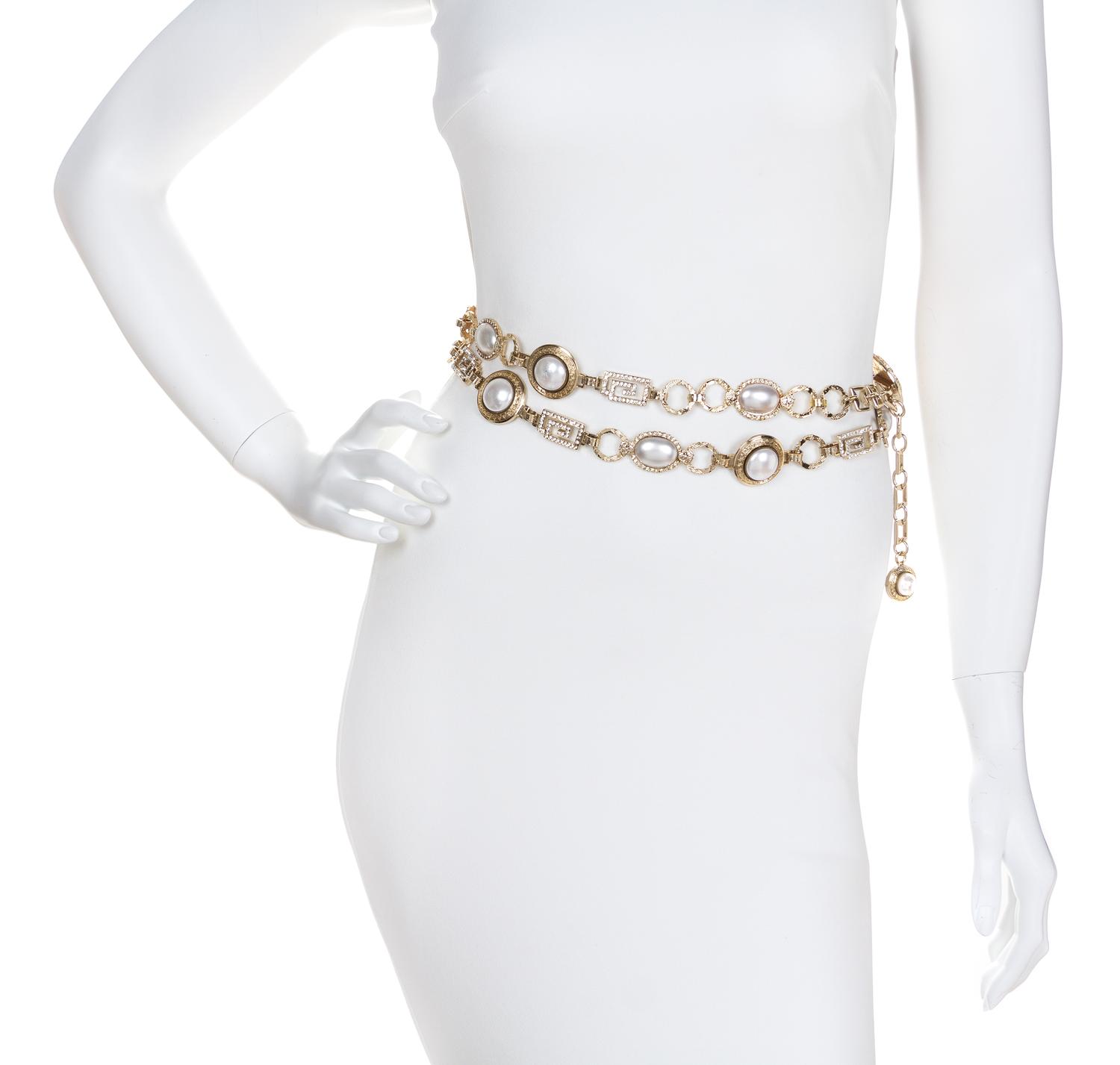 A Gianni Versace Pearl and Rhinestone Greco Link Belt, Length: 53"- 58".
