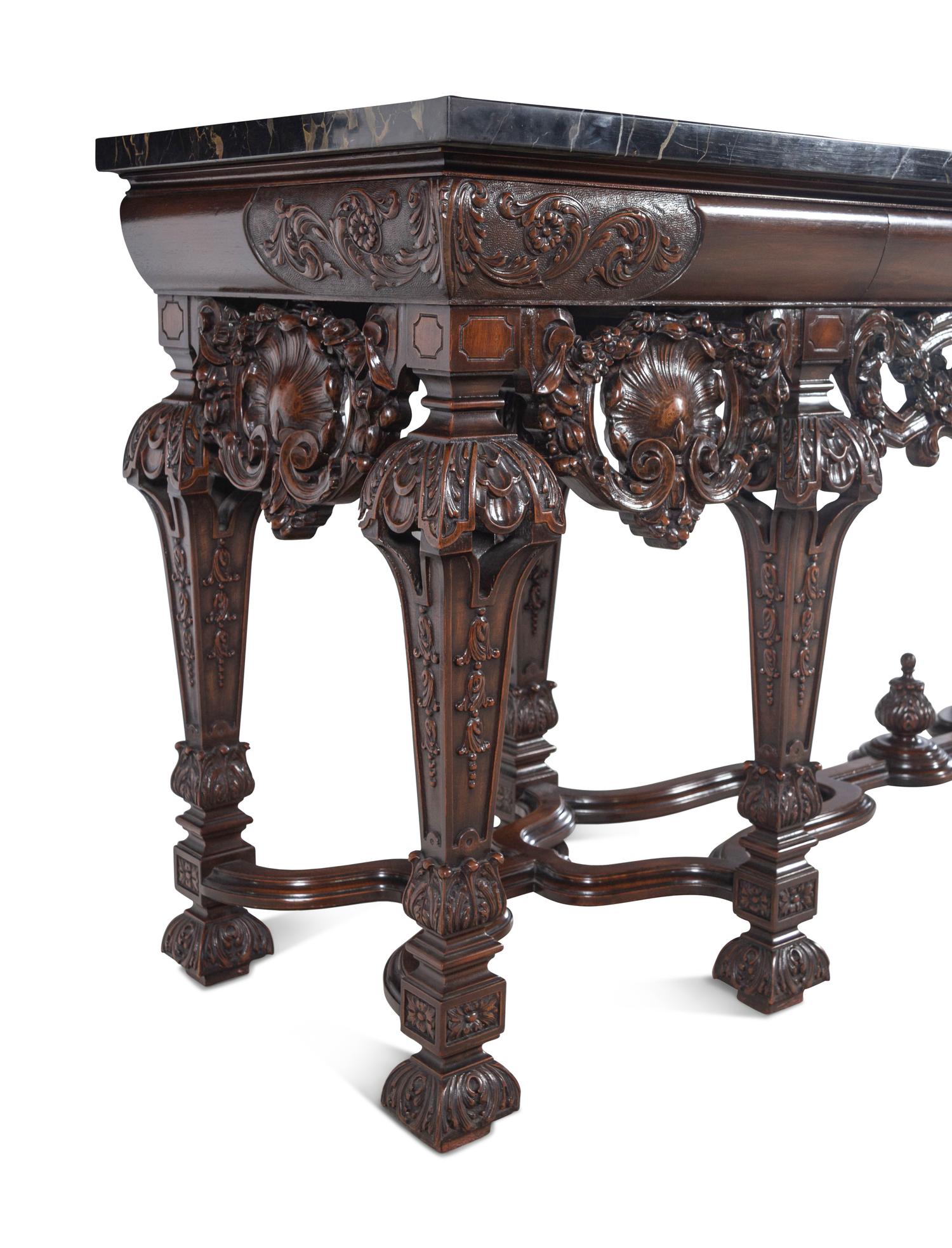 Two En Suite Italian Carved Walnut Marble-Top Console Tables