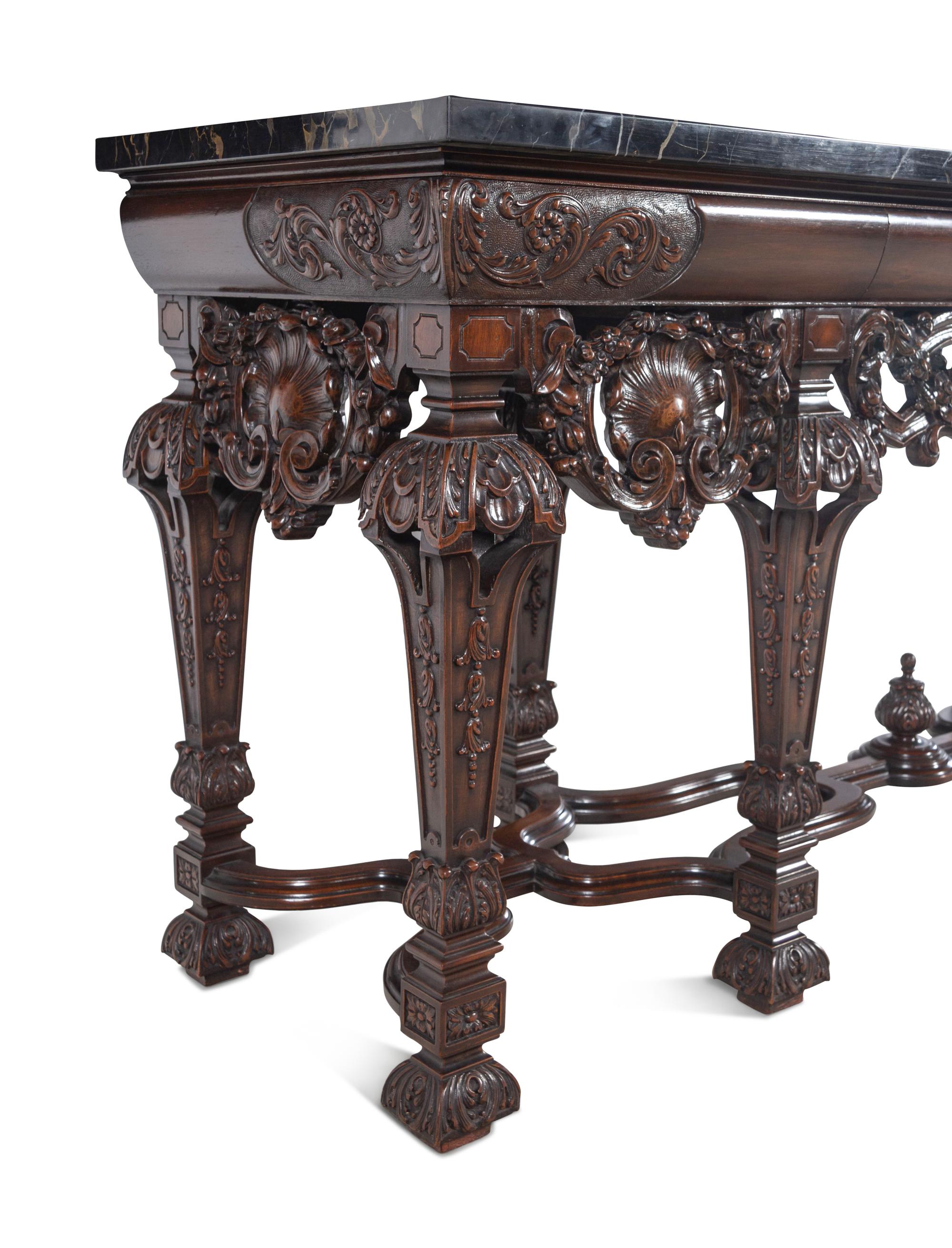 Two En Suite Italian Carved Walnut Marble-Top Console Tables