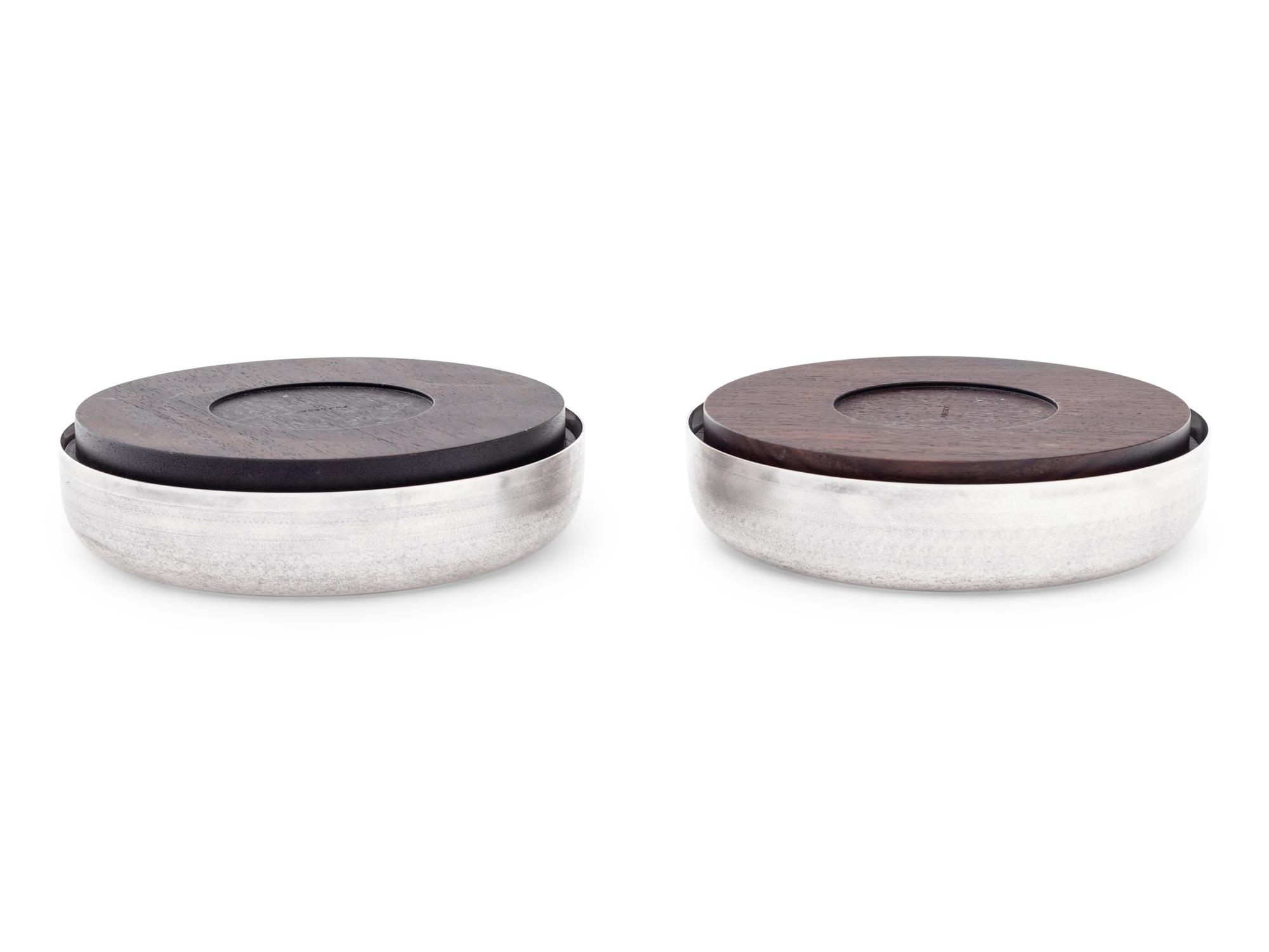 A Pair of Puiforcat Silver-Plate and Rosewood Hurricane Candle Holders