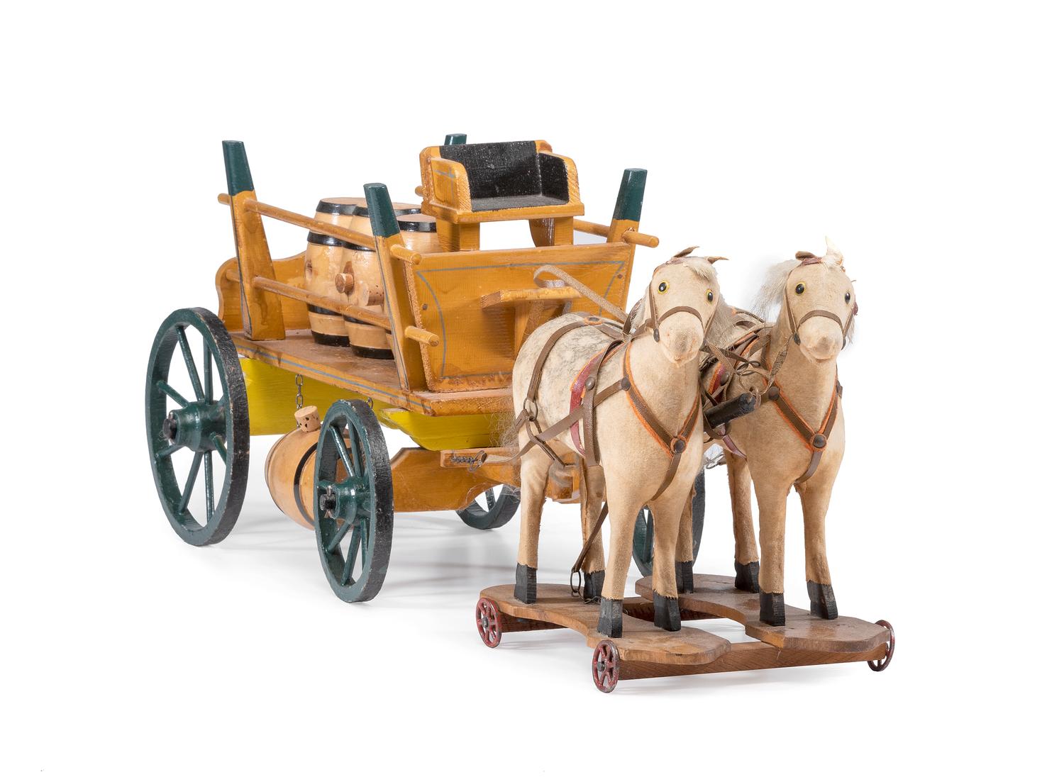A Fabric Horse and Wooden Cart Barrel Wagon