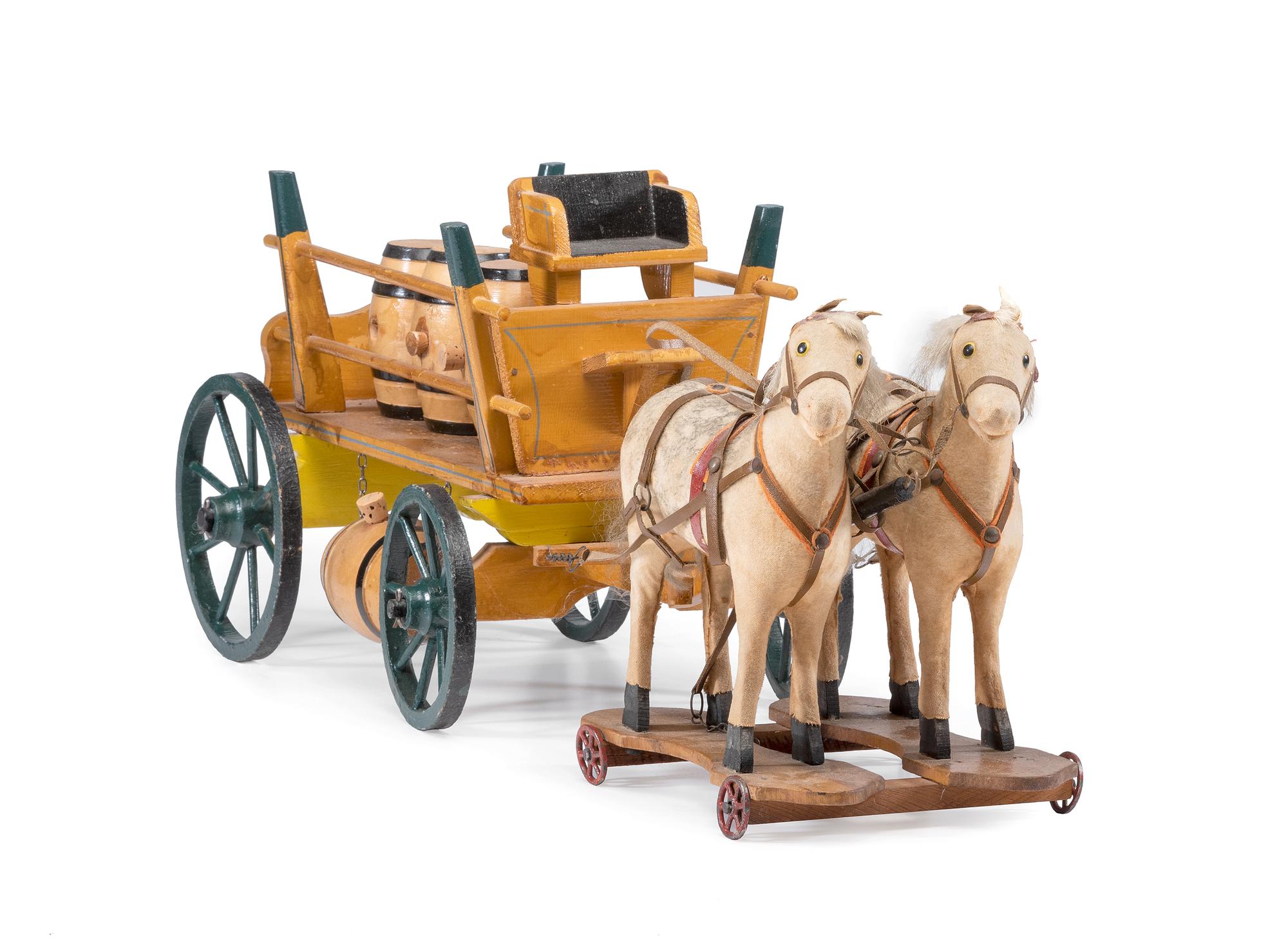 A Fabric Horse and Wooden Cart Barrel Wagon