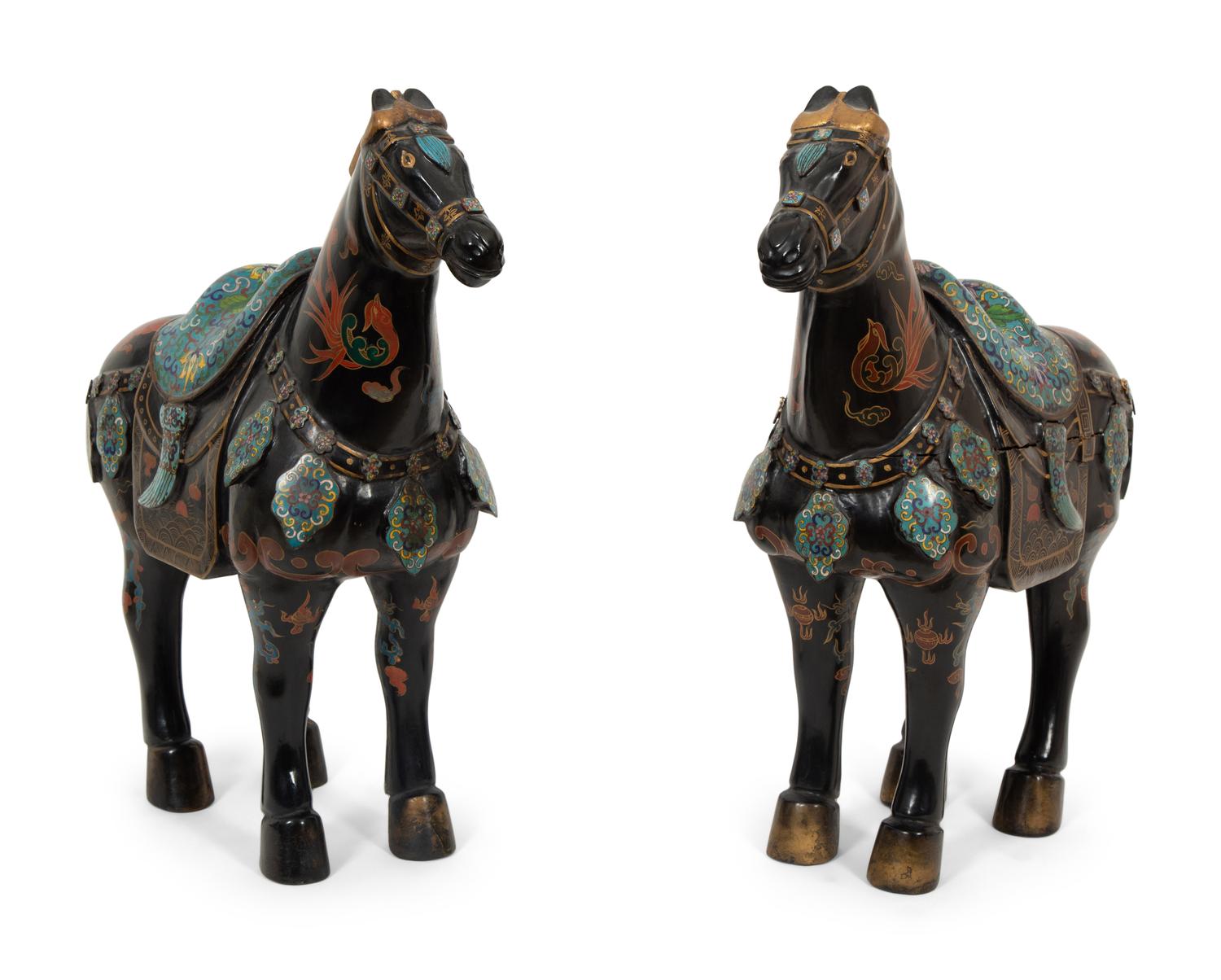 A Pair of Chinese Painted Wood and Cloisonné Models of Horses