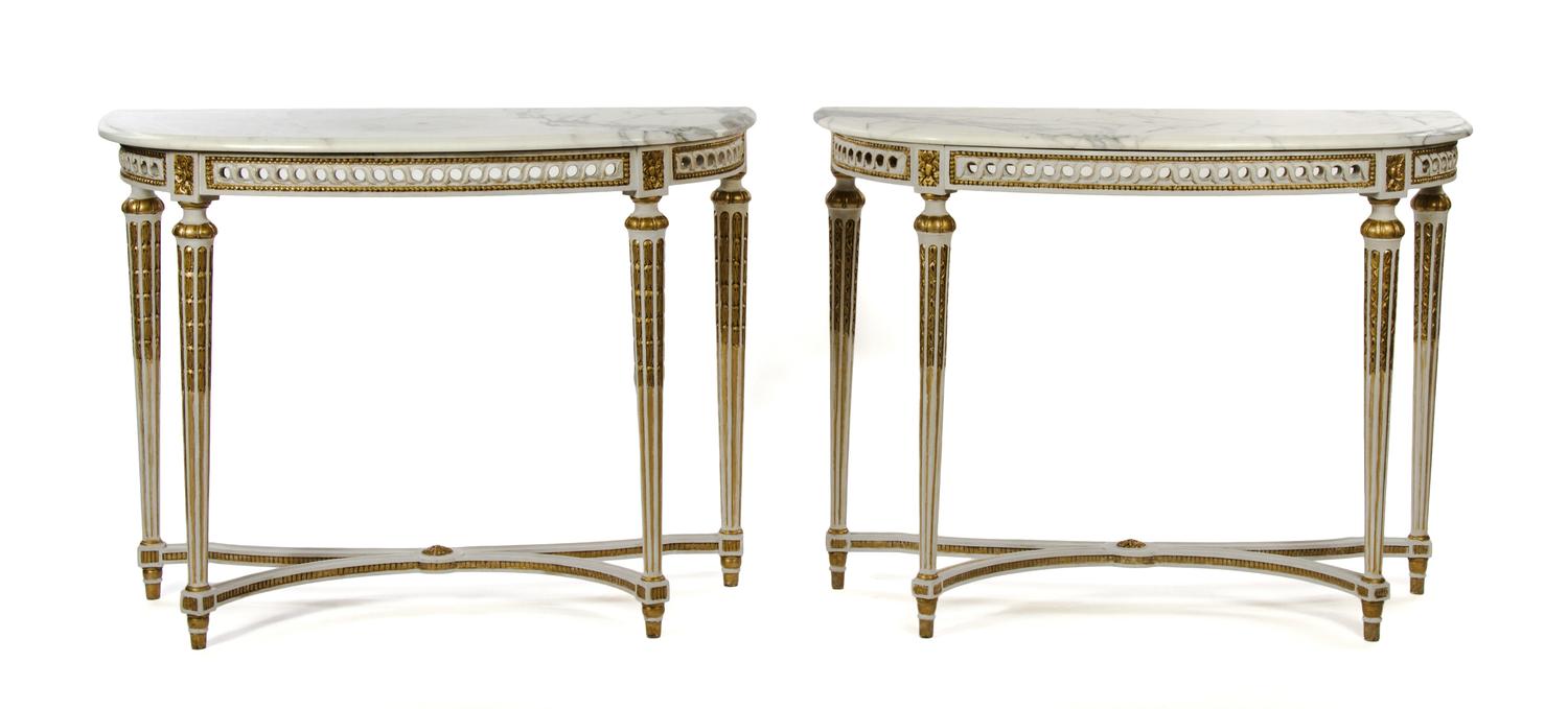 A Pair of Louis XVI Style Painted Console Tables Height 33 3/4 x width 44 1/4 x depth 19 inches. — 20TH CENTURY