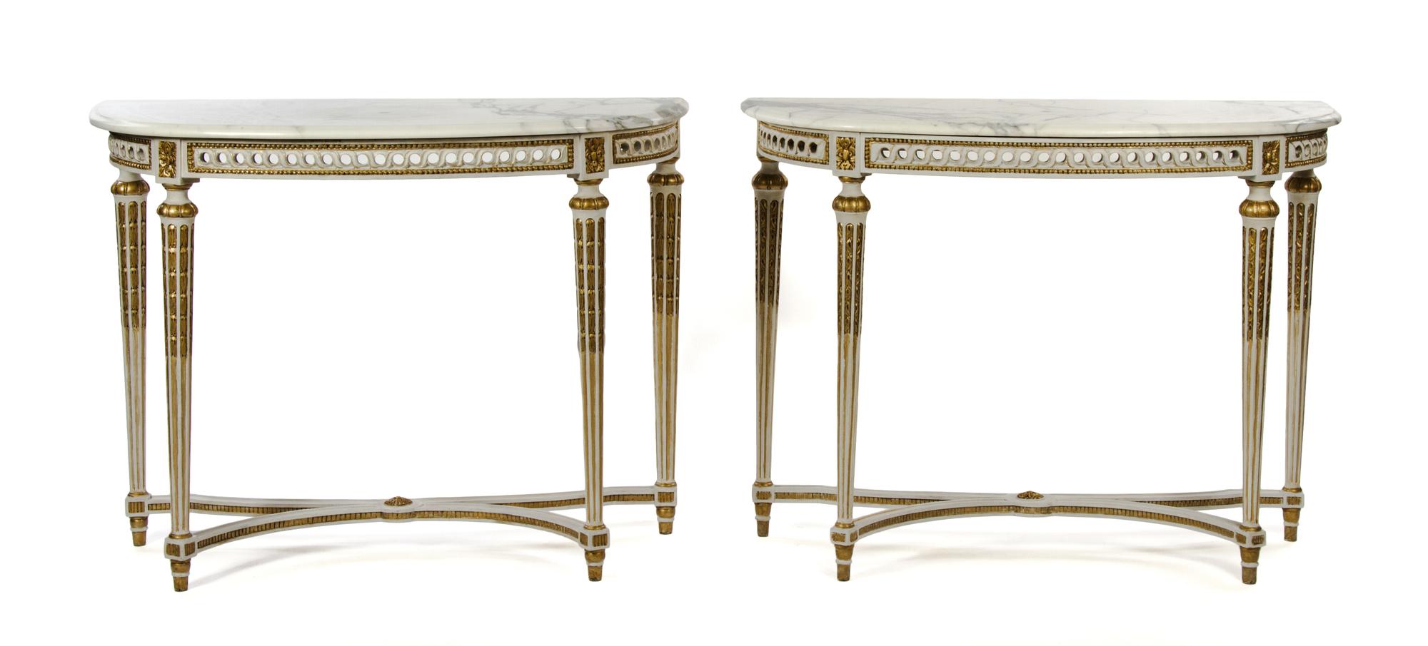 A Pair of Louis XVI Style Painted Console Tables Height 33 3/4 x width 44 1/4 x depth 19 inches. — 20TH CENTURY