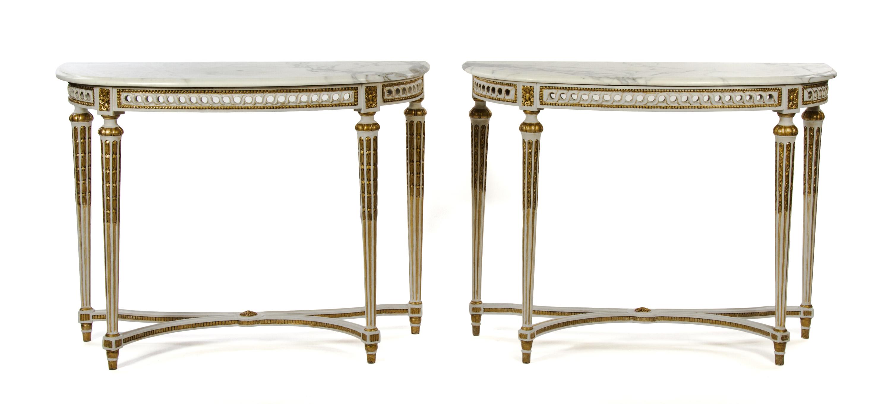A Pair of Louis XVI Style Painted Console Tables Height 33 3/4 x width 44 1/4 x depth 19 inches. — 20TH CENTURY