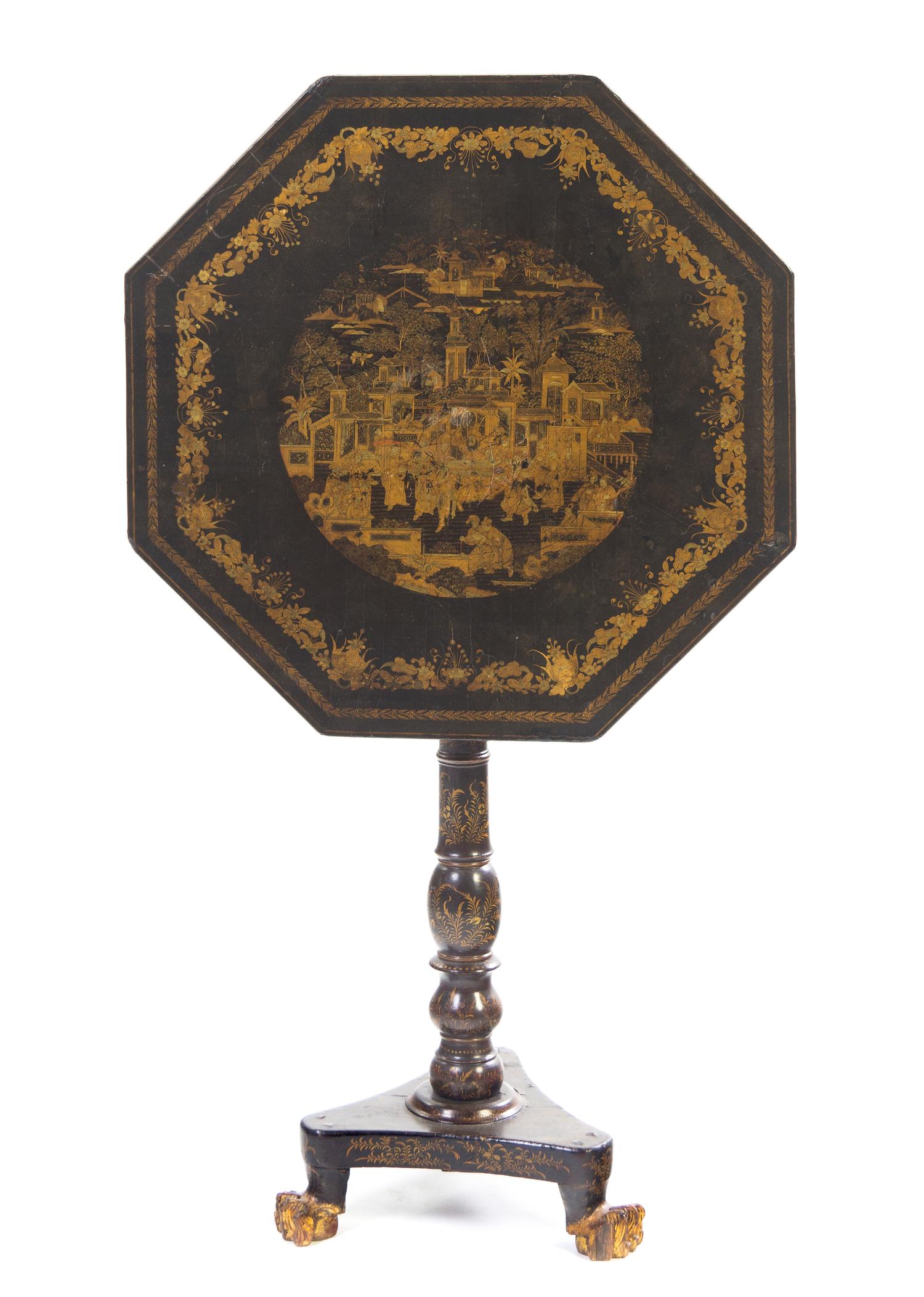A Regency Lacquered and Parcel Gilt Tea Table, Height 30 x width 25 inches.