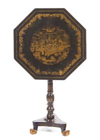 A Regency Lacquered and Parcel Gilt Tea Table, Height 30 x width 25 inches.