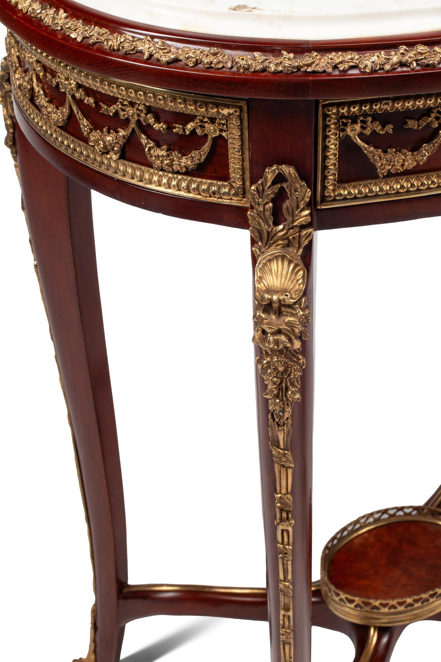 A Pair of Louis XV Style Gilt Bronze Mounted Walnut Marble-Top Side Tables
