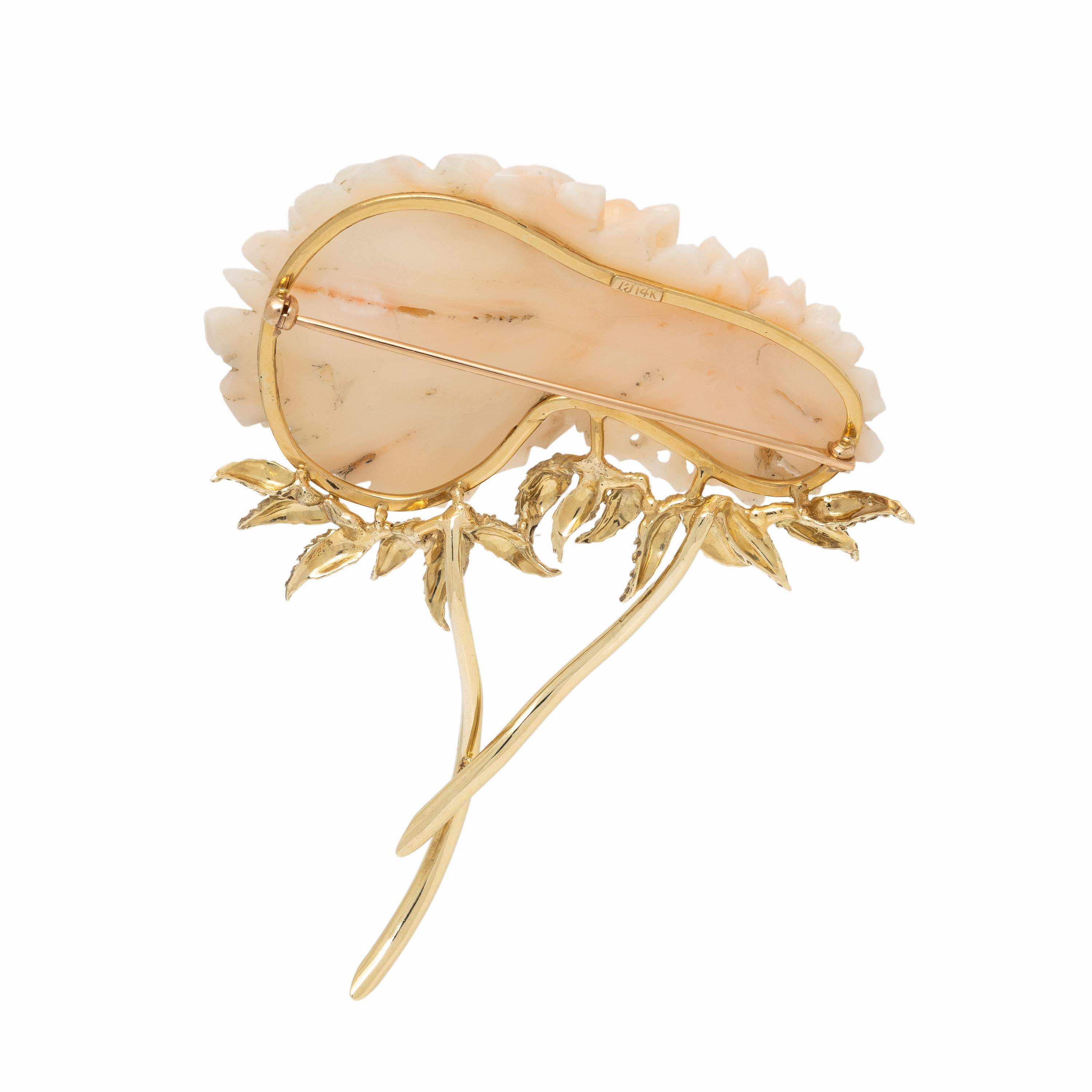 Coral and Yellow Gold Flower Brooch