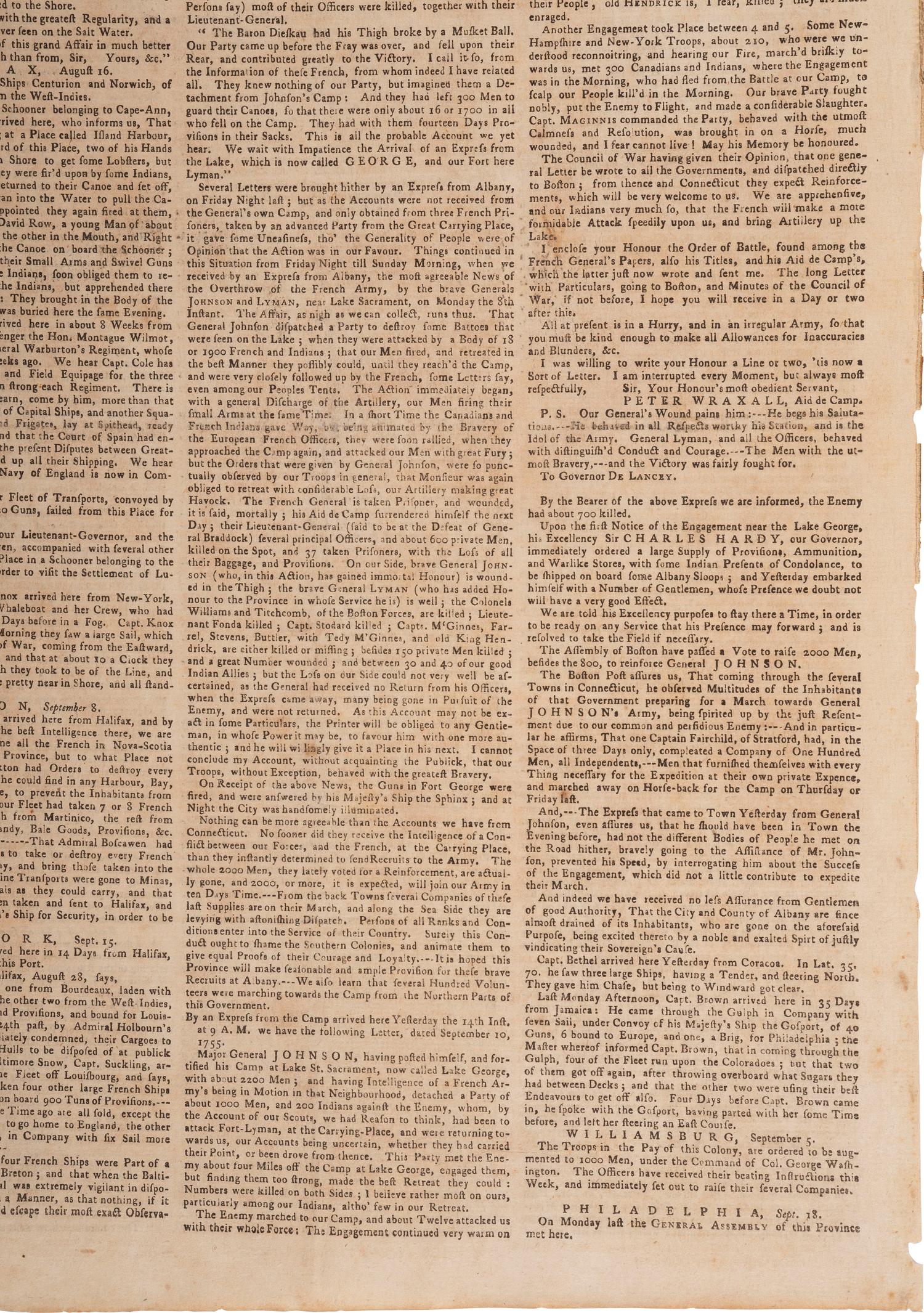 [FRENCH & INDIAN WAR] Albany Congress and Lake George feat. in 2 issues of the Pennsylvania Gazette .