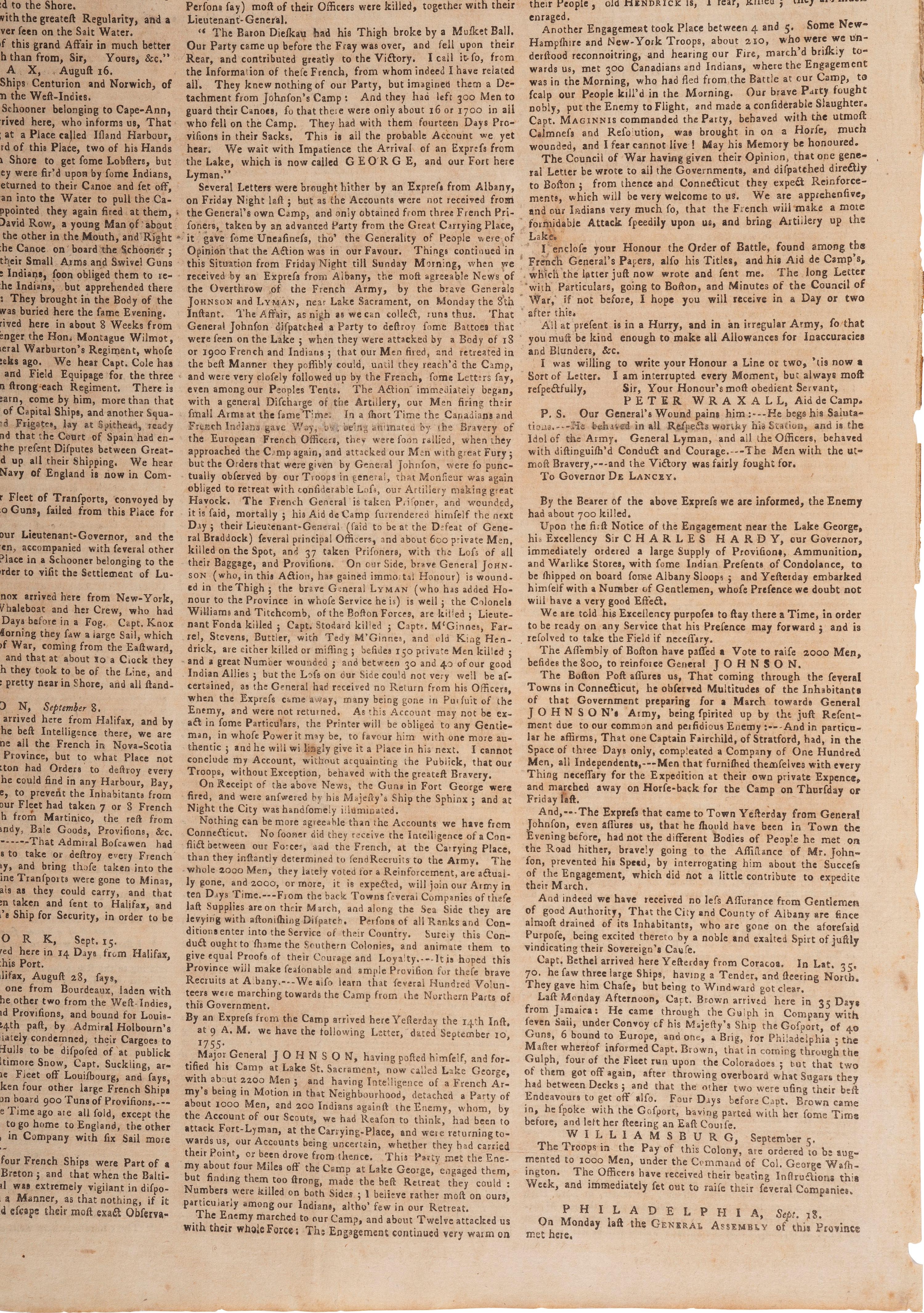 [FRENCH & INDIAN WAR] Albany Congress and Lake George feat. in 2 issues of the Pennsylvania Gazette .