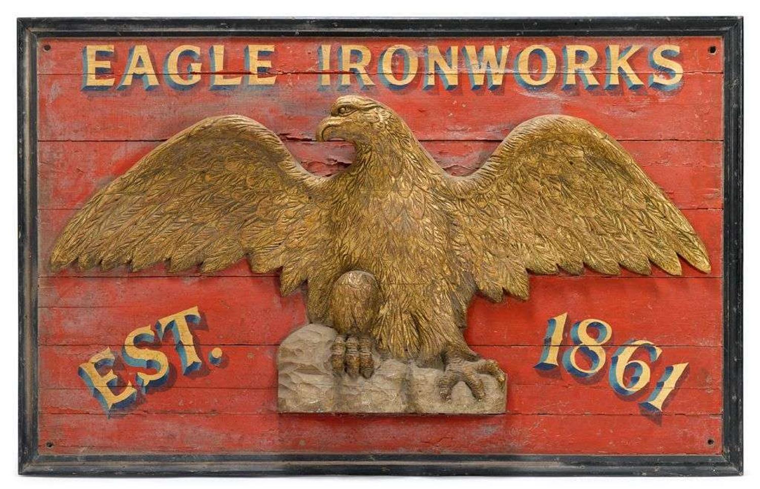 Carved and painted "Eagle Iron Works" trade sign