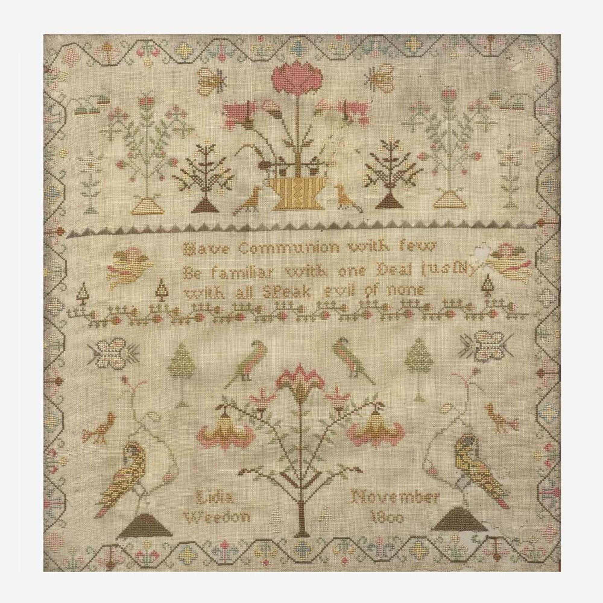 A needlework sampler Worked by "Lidia Weedon, November 1800"