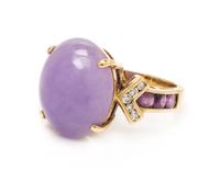 A 14 Karat Yellow Gold, Lavender Jade, Amethyst and Diamond Ring, 4.40 dwts.