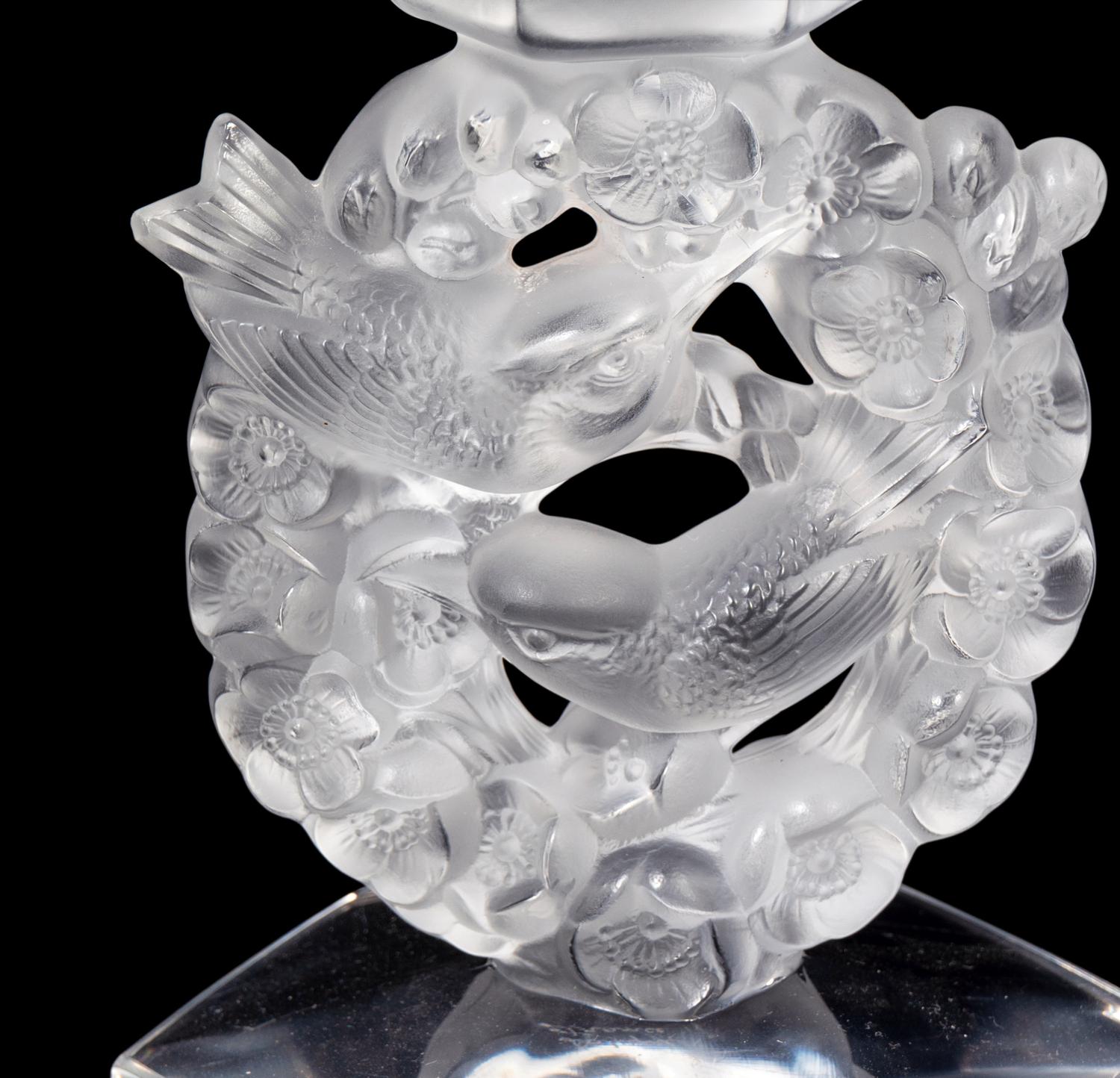 A Pair of Lalique Mesanges Candlesticks with Drip Guards