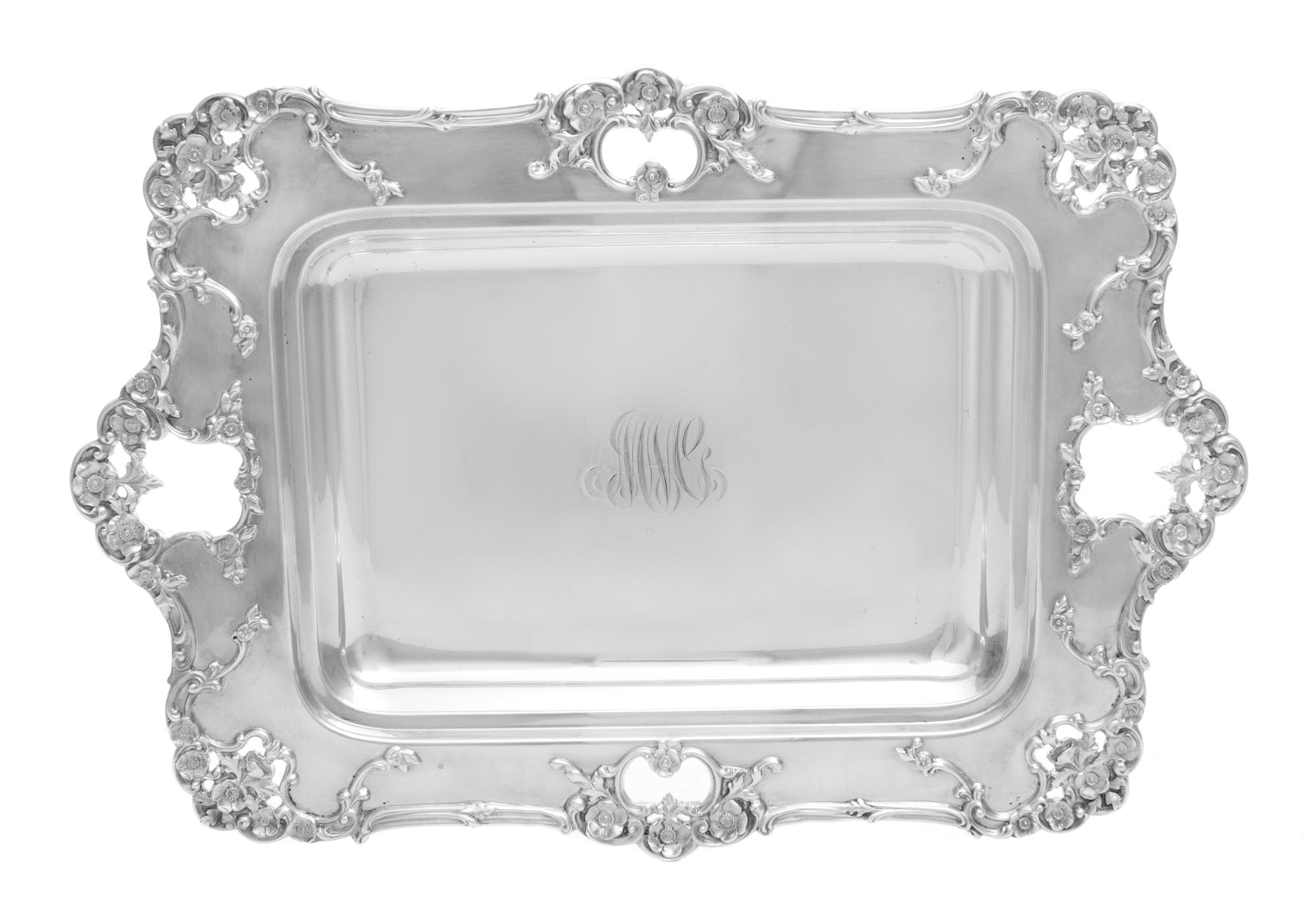 An American Silver Tray, Gorham Mfg. Co., Providence, RI, the rim worked with floral and vine decoration.
