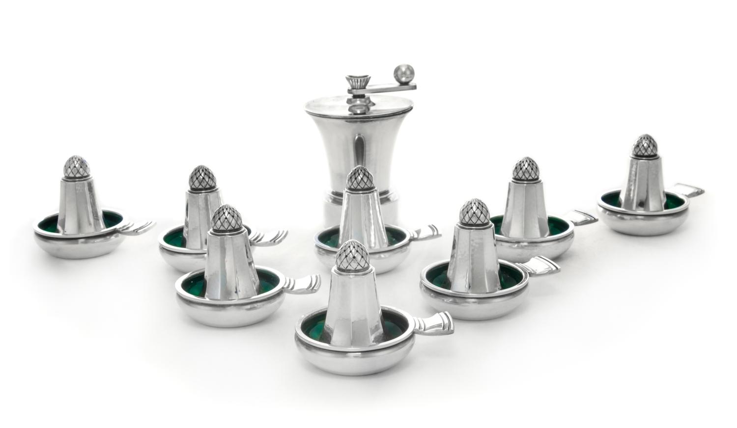 A Group of Danish Silver Table Articles, Georg Jensen Silversmithy, Copenhagen, 1945-77, comprising eight casters in the Acorn pattern,