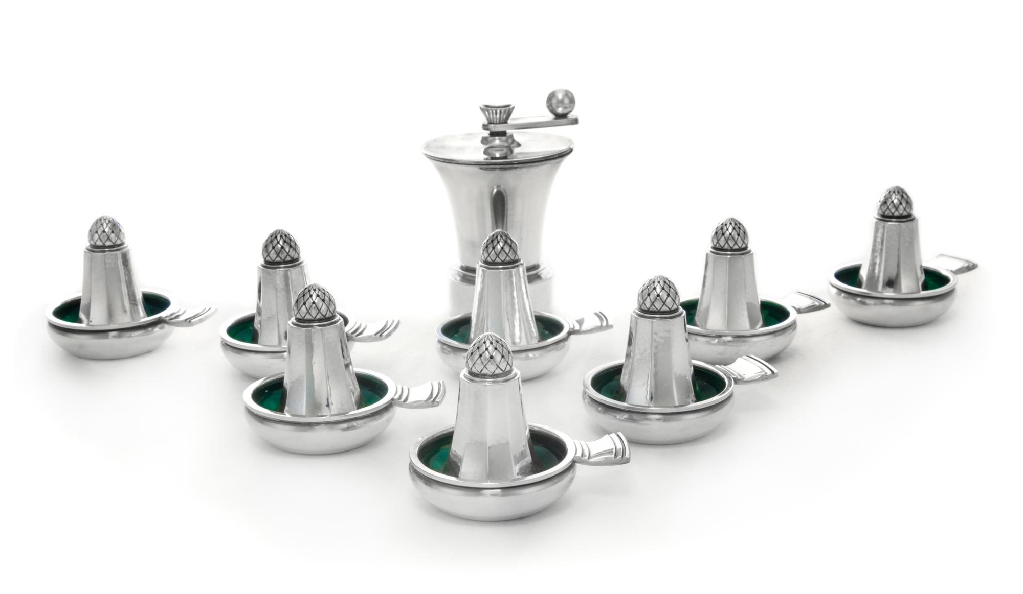 A Group of Danish Silver Table Articles, Georg Jensen Silversmithy, Copenhagen, 1945-77, comprising eight casters in the Acorn pattern,