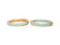 TWO YELLOW GOLD AND JADE BANGLE BRACELETS