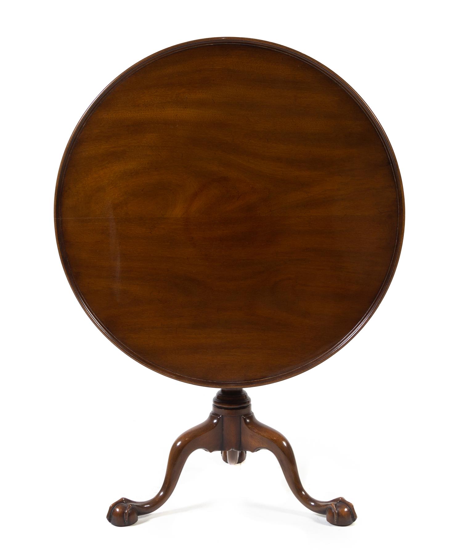 A Queen Anne Style Mahogany Tilt-Top Table Height 28 3/4 x diameter of top 34 1/2 inches. — KITTINGER, 20TH CENTURY