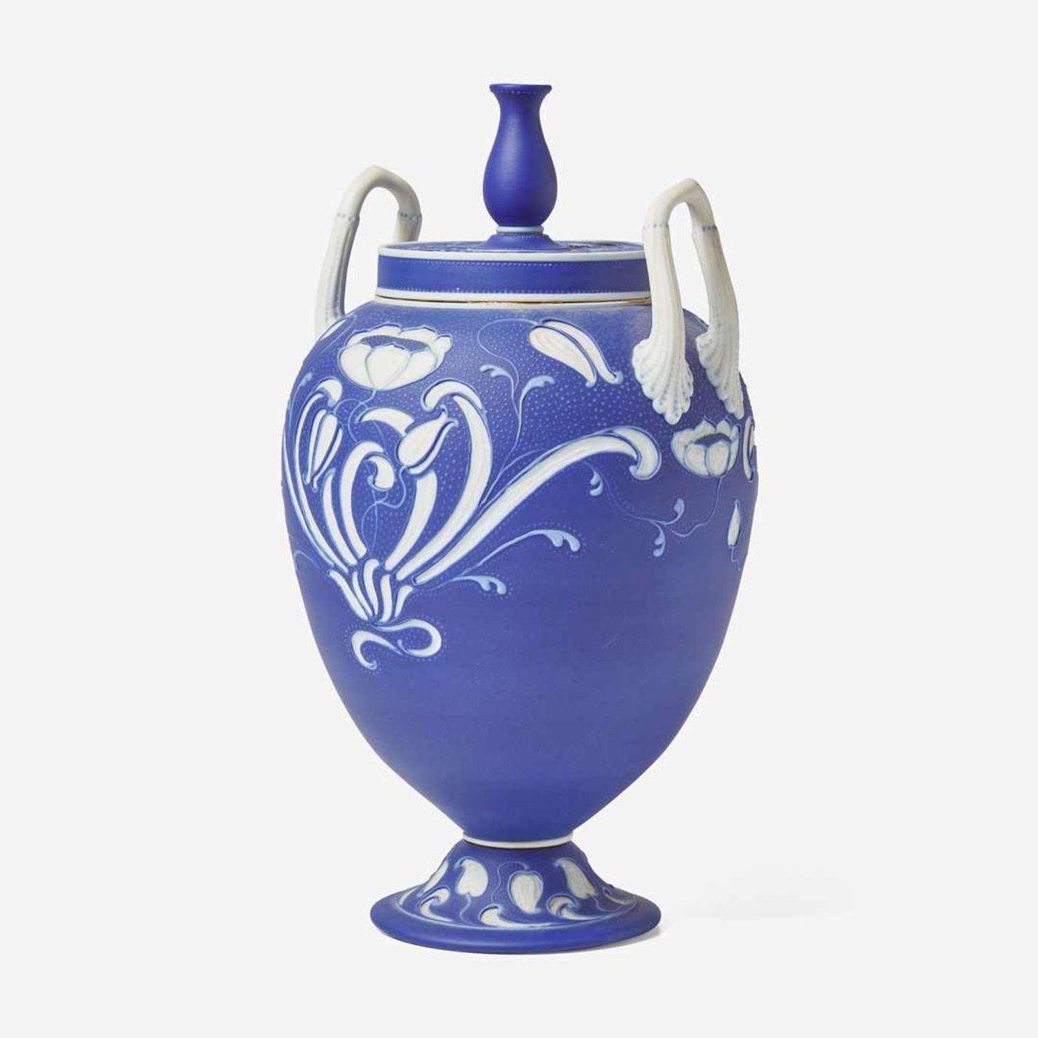 A Wedgwood Harry Barnard (1862-1933) Tricolor Jasperware Vase and Cover UK, early 20th century